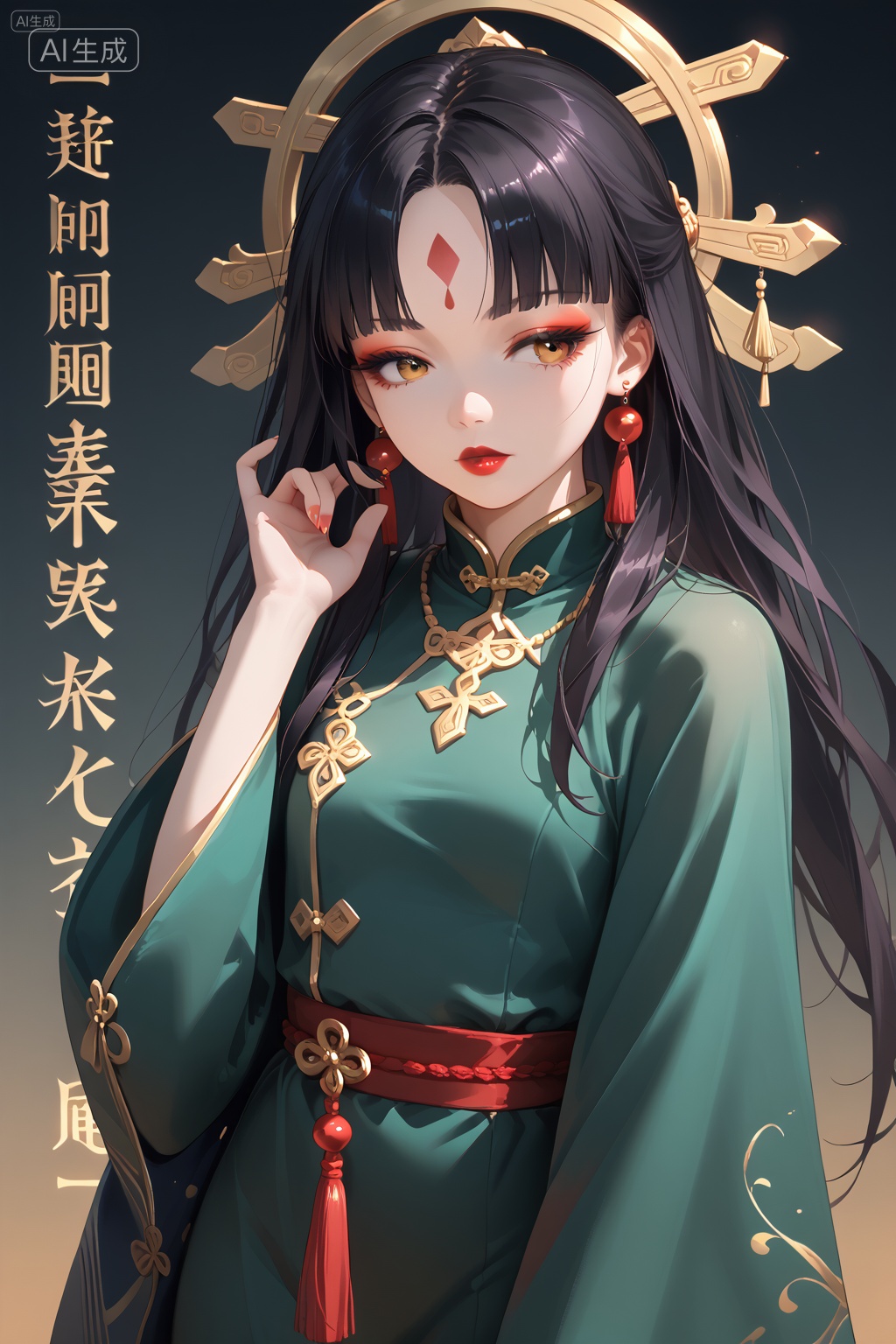 1girl,solo,long hair,black hair,hair ornament,long sleeves,dress,jewelry,upper body,earrings,hand up,wide sleeves,necklace,makeup,facial mark,looking away,chinese clothes,tassel,beads,green dress,shawl,forehead mark,red lips,hanfu,<lora: Xu'er Gufeng:0.8>,eyelashes,makeup,lipstick,tassel,pale skin,light eyeshadow,makeup,translucent,realistic,high detailed skin,(detailed skin:1.1),highly detailed,ultra-high resolution,32K UHD,sharp focus,best-quality,masterpiece,golden hour,unconventional supreme masterpiece,masterful details,temperate atmosphere,with a high-end texture,in the style of fashion photography,Dynamic Angle,(Dynamic posture:1.1), Negative prompt: (worst quality, low quality, very displeasing, lowres),(interlocked fingers, badly drawn hands and fingers, anatomically incorrect hands),blurry,watermark,,nsfw, Steps: 35, Sampler: Euler a, CFG scale: 6.0, Seed: 3188942403, Size: 1024x1536, Model hash: a3aeb59bbf, Model: 星美pony_写实动漫插画大模型_1.0.safetensors, Denoising strength: 0.0, Clip skip: 2, ENSD: 31337, RNG: CPU, vae_name: automatic
