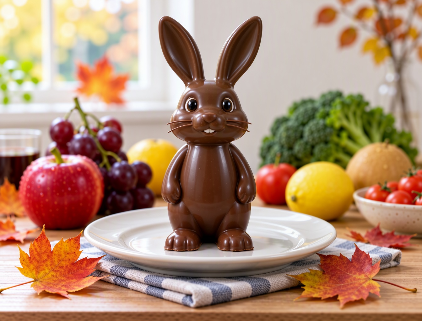 An ******* analog photo of a hare made of chocolate standing on plate among fresh fruits,  autumn leaves and vegetables on...