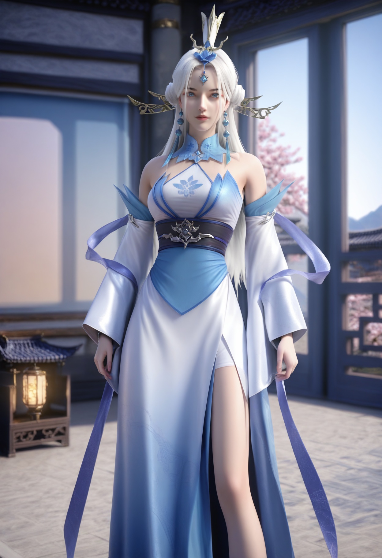 Donghuang_taixin,1girl,hair ornament,white hair,long hair,earrings,jewelry,bare shoulders,bare legs,blurry background,gem,circlet,hair stick,<lora:Donghuang_taixin_10_illu-000005:0.75>,dress,white dress,blue dress,detached sleeves,sash,chinese clothes,wide sleeves,ribbon,photorealistic,hyperrealistic,<lora:realistic filter [IL]:1>,(pale skin:1.1),looking at viewer,standing,lantern,open window,looking at viewer,indoors,mountains,blossoms,flowers,east asian architecture,beautiful sunrise,warm ambient temperature,
