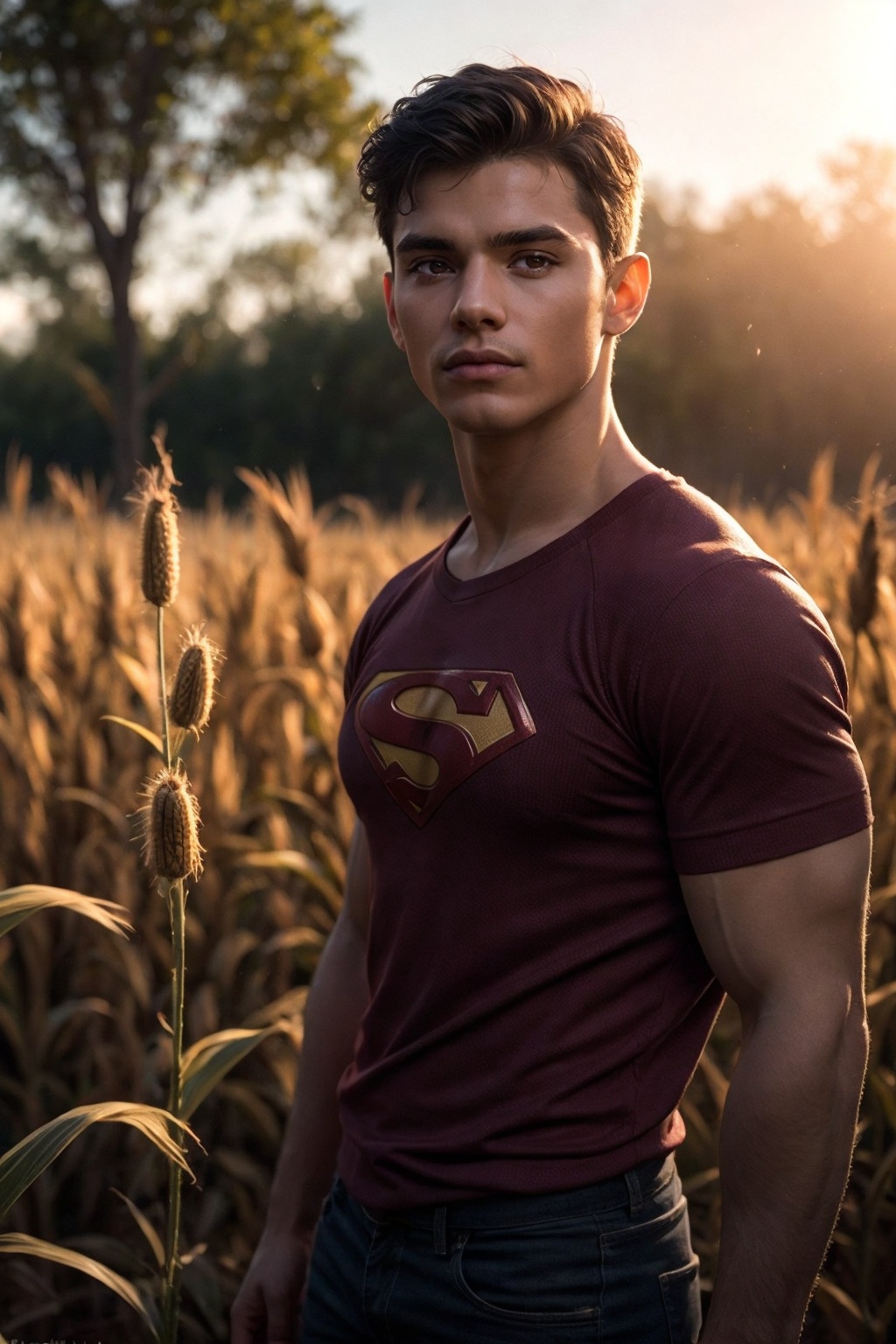 teenage Superboy,  young Clark Kent,  in a field of corn on Tensor.Art