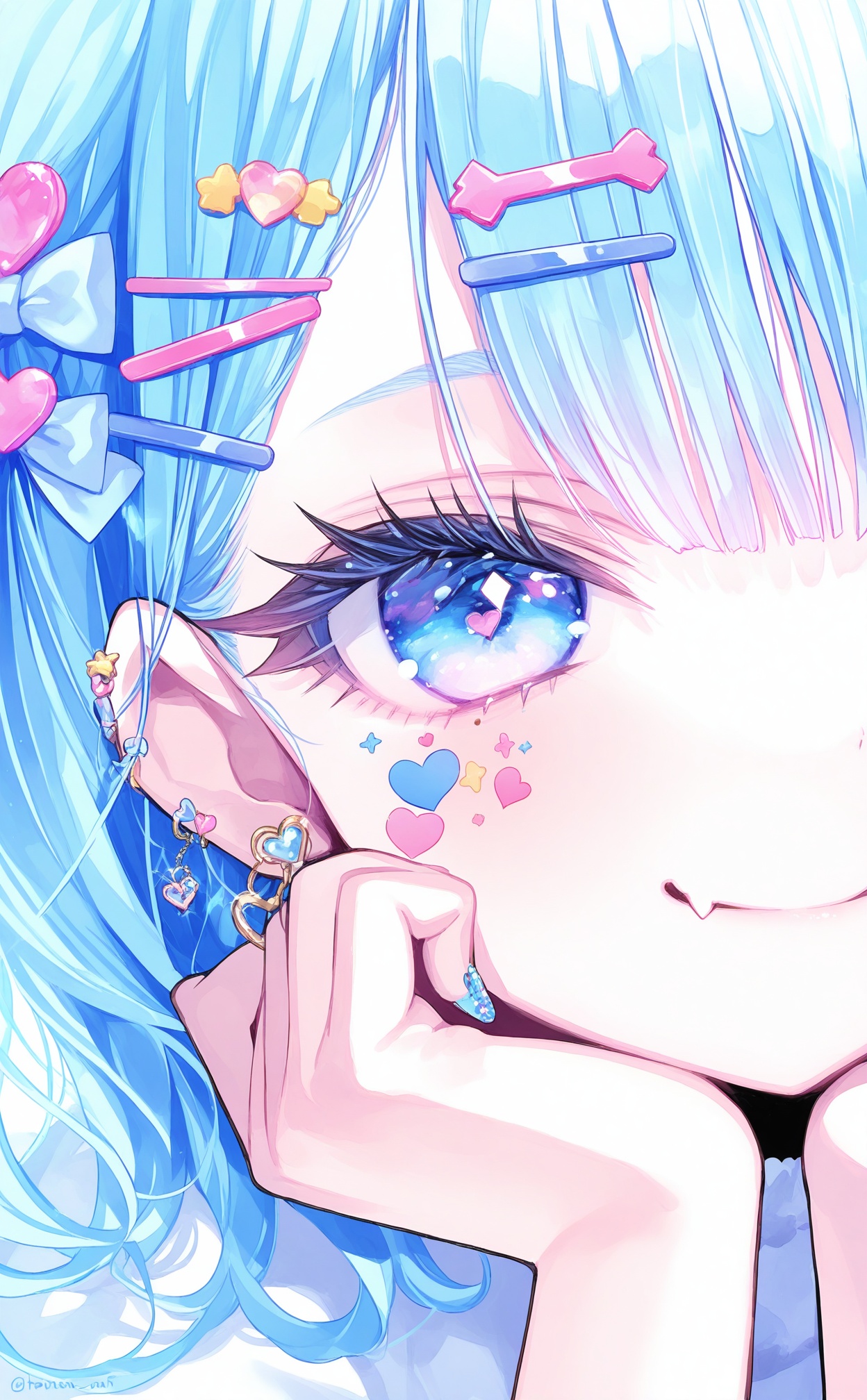 masterpiece,absurdres,best quality,loli,petite,high quality,chromatic_aberration,//,1girl,solo,blue eyes,hair ornament,skin fang,looking at viewer,blue hair,hairclip,portrait,nail art,jewelry,blue nails,fang,close-up,sticker on face,hands on own face,earrings,heart,nail polish,closed mouth,hands on own cheeks,bow,smile,heart facial mark,heart hair ornament,twitter username,heart in eye,bow earrings,blue theme,blue bow,hands up,symbol in eye,fang out,x hair ornament,diamond (shape),mole,star facial mark,artist name,mole under eye,eyelashes,blush,multiple hairpins,light blue hair,//,<lora:chun_paretto2——【noob】hans:1>,