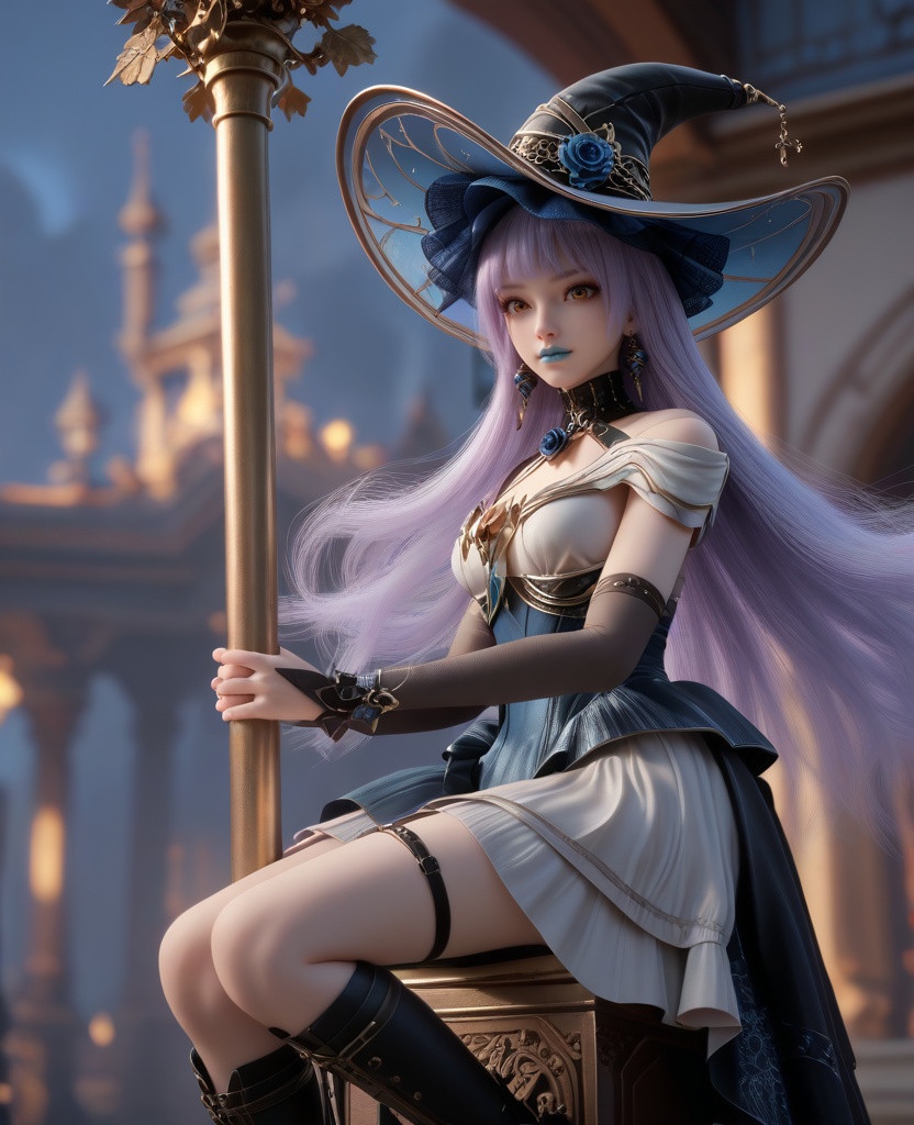 (oriental architecture, elegant decor, sophisticated style:1.1),(Leaning against a pole, arms crossed,:1.1),(breasts:1.2),<lora:XL16克金玩家白雪公主病:0.95>,witch,lavender gothic lolita dress with black peplum,orange eyes,lilac hair,very long hair,black witch hat,black opera gloves sleeves,blue lips,jewelry,faux blue rose embellishments,black boots,, score_9,score_8_up,score_7_up,score_6_up,score_5_up,score_4_up,3d rendering,tag1,tag2, Cinematic Lighting,backlighting,, zPDXL3, zPDXL2,zPDXL, zPDXLxxx, zPDXLrl,