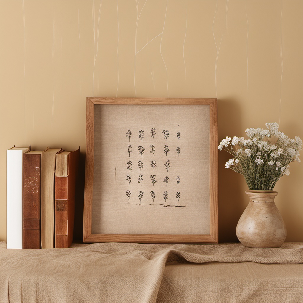 shuzhuo,The picture shows an indoor still life scene. In the center is a wooden photo frame,with a light colored wooden tabletop below it,adorned with a bouquet of white flowers and a piece of linen. On the right is a row of books arranged neatly. The entire picture gives a warm,minimalist,and artistic atmosphere.,<lora:sanjing-XL:0.9>,