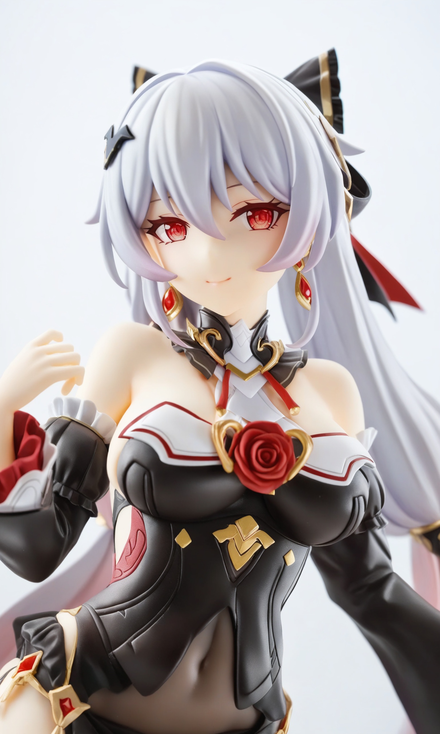 figure,masterpiece,best quality,<lora:ye_and_yayi:1>,theresa_apocalypse,1girl,solo,red_eyes,long_hair,white_background,looking_at_viewer,smile,simple_background,hair_ornament,bare_shoulders,detached_sleeves,red_rose,closed_mouth,earrings,pink_hair,long_sleeves,covered_navel,hair_between_eyes,black_dress,