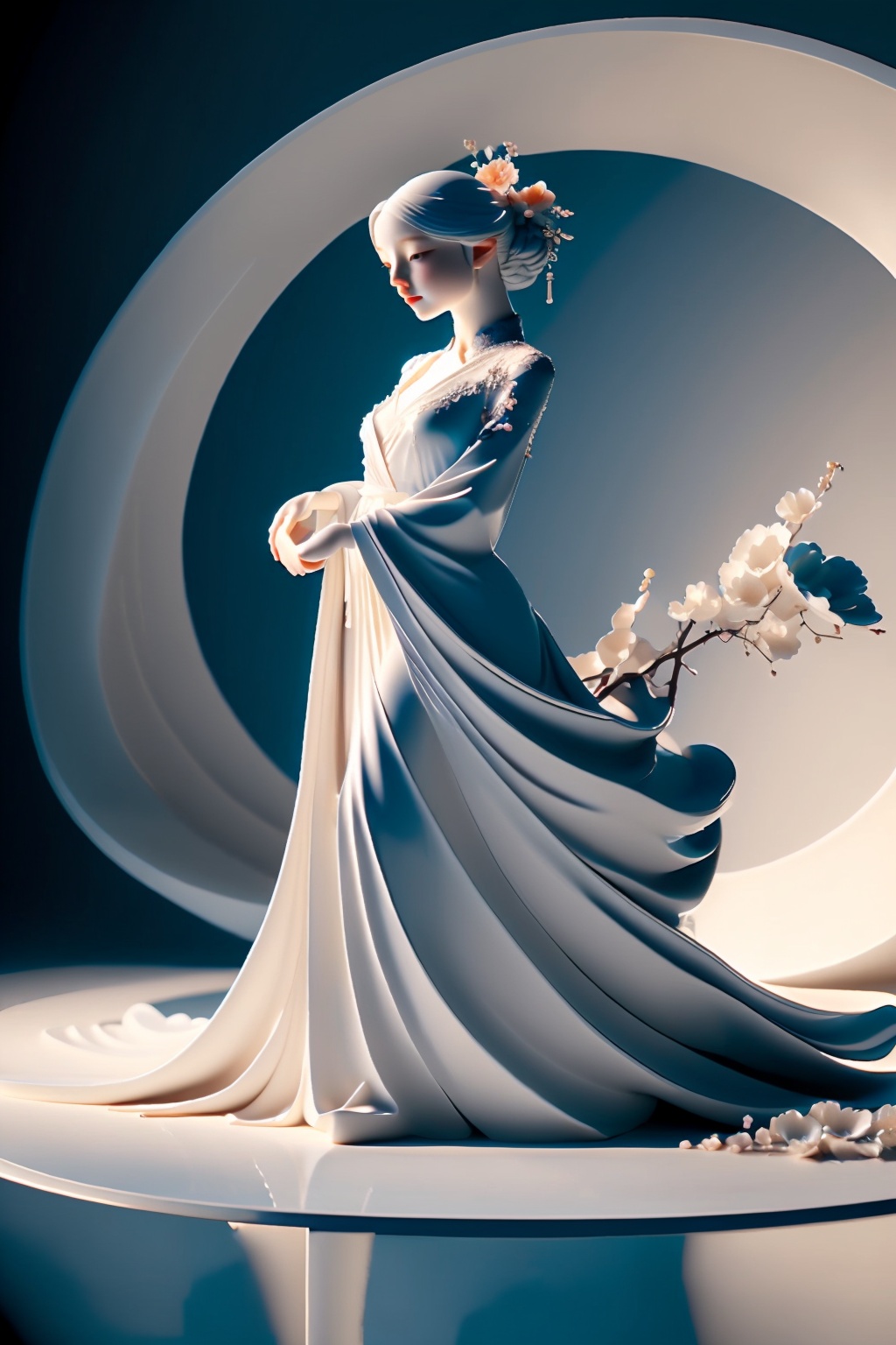 shouban,<lora:手办_v1.0:0.8>,1girl,in the strange landscape of the dream garden,an explorer wearing a flowing long dress,handheld compass,coincidentally observing a huge talking flower,surrounded by fish swimming upstream and flying flowers,her eyes sparkled with curiosity about the unknown,