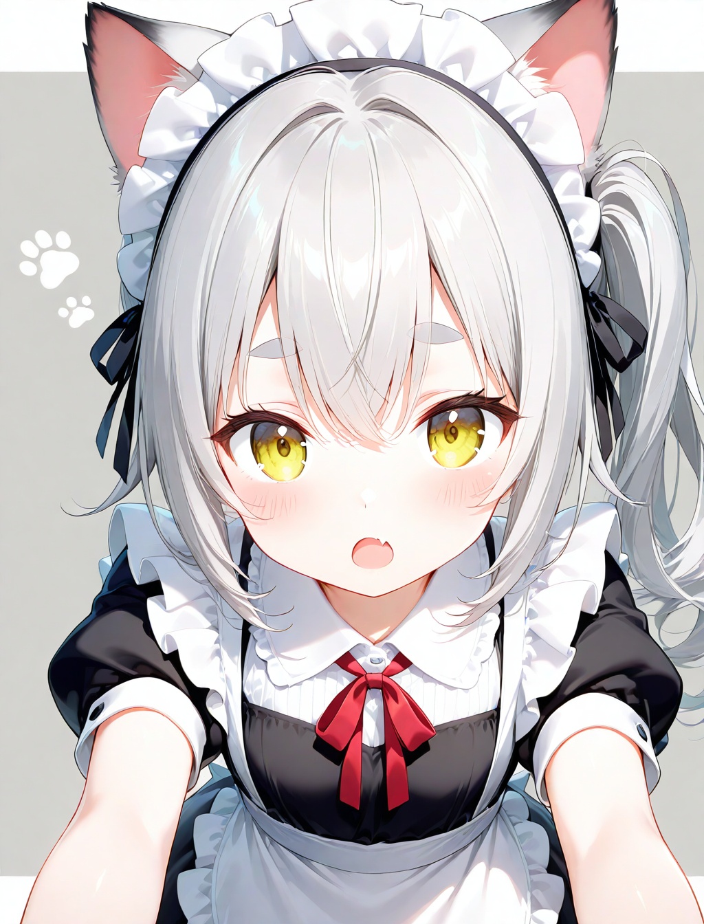 1girl, solo, long hair, looking at viewer, blush, open mouth, bangs, simple background, shirt, dress, ribbon, animal ears, hair between eyes, yellow eyes, white shirt, short sleeves, grey hair, frills, fang, puffy sleeves, grey background, apron, black dress, side ponytail, red ribbon, puffy short sleeves, maid, maid headdress, neck ribbon, thick eyebrows, waist apron, white apron, two-tone background, skin fang, maid apron, frilled apron