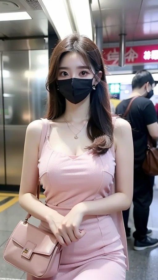 (best quality, masterpiece:1.3),1girl,jinyu.1girl,solo,big breasts,cleavage,narrow_waist,slender,pale_skin,long hair,straight_hair,(masks:1.1),(mouth_mask:1.2),china_dress,print_cheongsam,color contact lenses,mole under eye,nail_art,(upper_body:1.3),sitting in the subway,portrait,(stud earrings:1.2),(holding:1.1),(holding_bag:1.2),(front view:1.2),(looking_at_viewer:1.4),(eye-contact:1.4),pendant,necklace,pink dress,sweater,dress,pink_dress, <lora:meinv45:0.7>,pink_dress,   <lora:高贵御姐连衣裙LY:0.7>,
