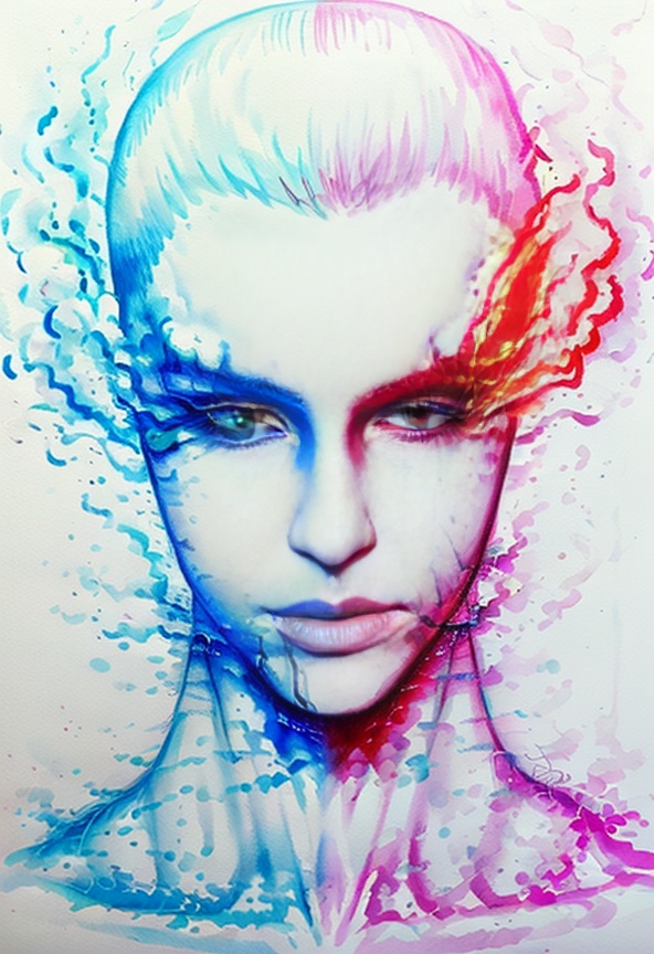 Caihui, Caimo, portrait, looking at viewer, blue eyes, traditional media, solo, watercolor \(medium\), eyelashes, heterochromia, white hair, painting \(medium\), short hair, fire, signature, split theme, 1boy, white background, watermark, male focus, <lora:SD1.5_Caihui1.28:0.8>
