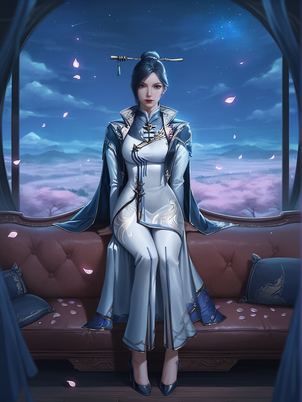 zPDXL3,zPDXLrl,score_9,score_8_up,score_7_up,source_realistic,rating_safe,<lora:zhouyi-000008:0.8>,zhouyi,1girl,solo,closed mouth,single hair bun,(hair stick),jewelry,high collar,chinese clothes,jacket on shoulders,cape,pants,high heels,sitting on couch,arms behind back,looking at viewer,full body,indoors,landscape,window,night sky,star \(sky\),cloud,cherry blossoms,falling petals,glowing,depth of field,blurry background,