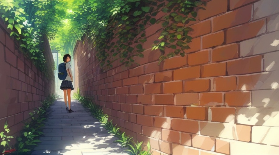 (best quality), ((masterpiece)), (highres), illustration, original, extremely detailed,  <lora:疗愈天空:0.7>1girl, solo, scenery, bag, backpack, sunlight, outdoors, skirt, signature, brick wall, dappled sunlight, short hair, shade, plant, day, tree, standing, wall