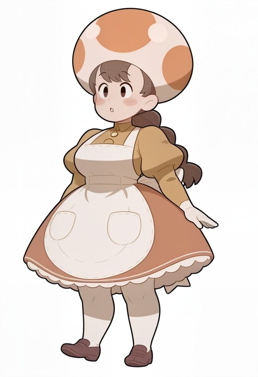 Tavern Keeper ToadMushroom head with orange and white polka dot pattern,  fair skin,  brown hair on Tensor.Art
