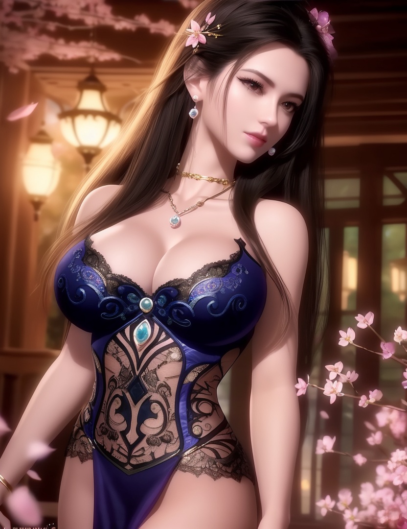 ultra realistic 8k cg, picture-perfect face, flawless, clean, masterpiece, professional artwork, famous artwork, cinematic lighting, cinematic bloom, perfect face, beautiful face, fantasy, dreamlike, unreal, science fiction,  beautiful clothes, lace, lace trim, lace-trimmed legwear,  (rich:1.4), prestige, luxury, jewelry, diamond, gold, pearl, gem, sapphire, ruby, emerald, intricate detail, delicate pattern, charming, alluring, seductive, erotic, enchanting, hair ornament, necklace, earrings, bracelet, armlet,halo((,1girl, pov,))(((,cherry blossoms, 1girl, solo, petals,looking at viewer, large breasts, hair flower, flower, outdoors, ))) <lora:DA_CaoNvYao:0.6> 
