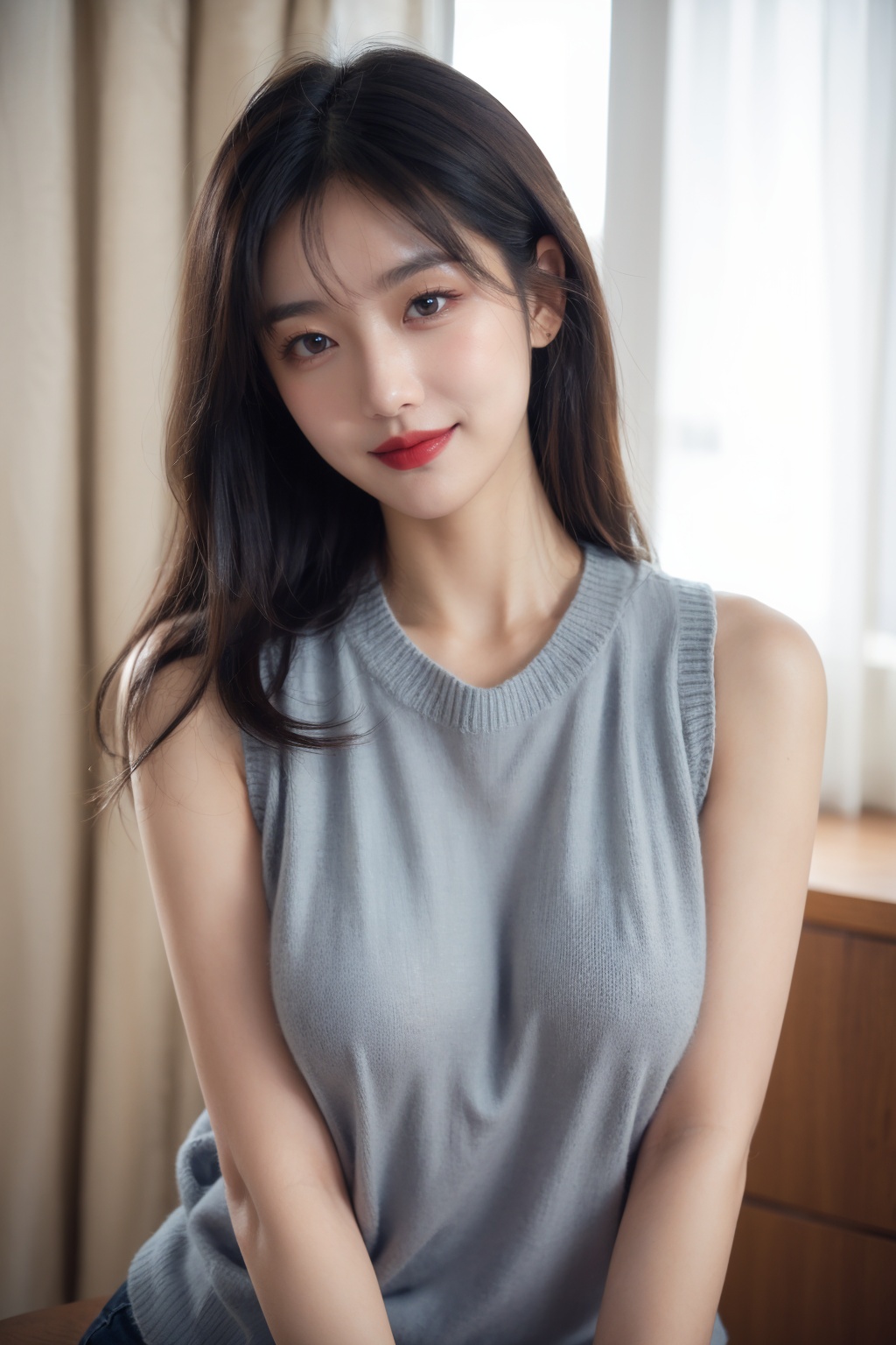 1girl, black hair, breasts, brown eyes, curtains, indoors, lips, lipstick, long hair, looking at viewer, makeup, blue,sweater, sleeveless, smile, solo, sweater, upper body 