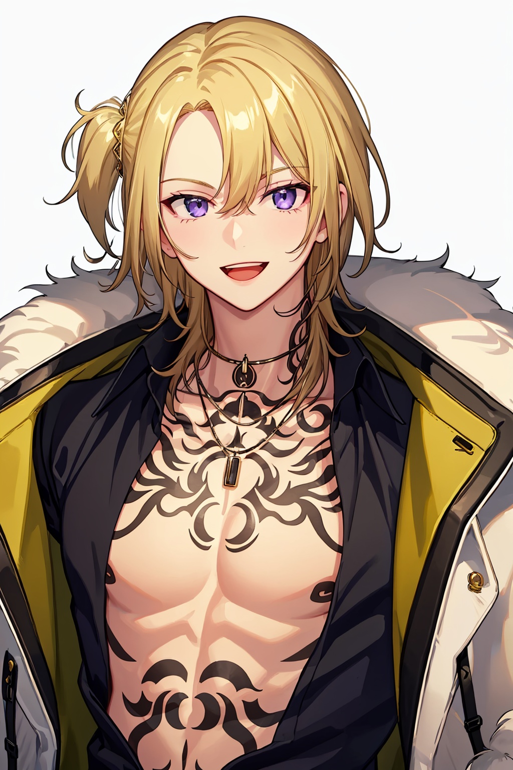 masterpiece,best quality, highly detailed, 1boy,black shirt,chest tattoo,luca kaneshiro,male focus,solo,virtual youtuber,looking at viewer,necklace,upper body,black gloves,collared shirt,open mouth,smile,fur trim,short sidetail,long sleeves,white jacket,simple background,white background,coat,<lora:luca_kaneshiro:1>