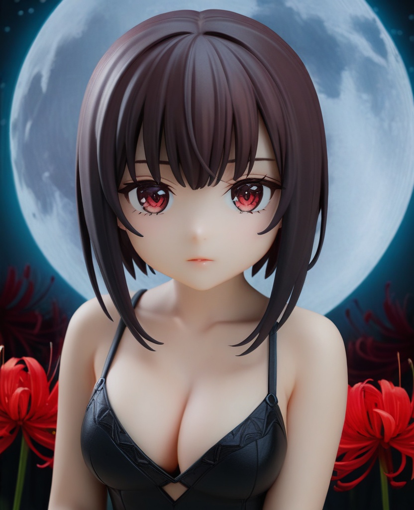(,1girl, ,best quality, ),looking at viewer,  ,,ultra detailed background,ultra detailed background,ultra realistic 8k cg, ,masterpiece, spider lily,full moon, (cleavage), (),