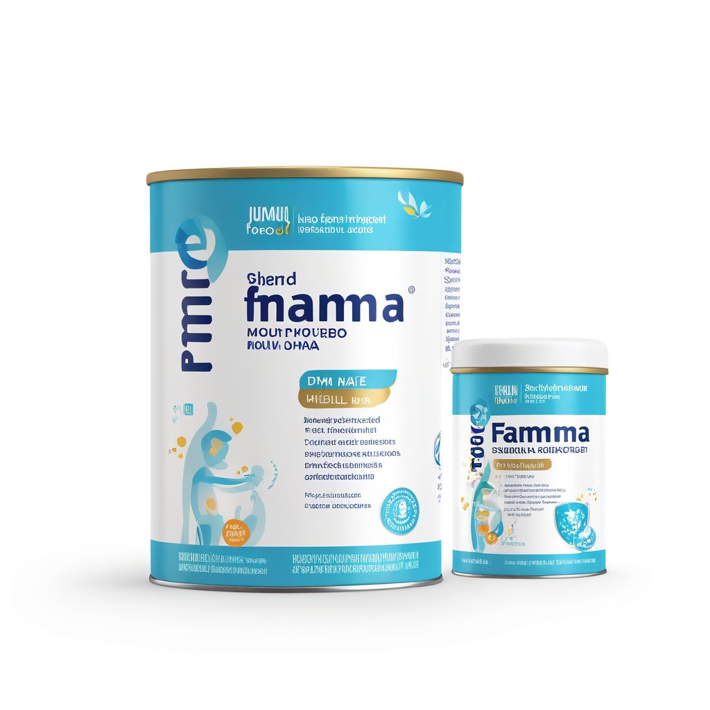 6.(Highly detailed packaging design:1.3), infant formula product, smooth and semi-gloss finish, (modern and clean branding:1.3), central focus on the text "Famna" in (bold blue sans-serif font:1.3), (Nutifood Sweden logo on top:1.2), minimalist and professional design, (light blue and white color palette:1.2), subtle golden accents, packaging includes both a small box and large tin can, (detailed product information clearly displayed on the front:1.3), "Pure Swedish Nutrition" tagline, emphasis on (health and growth benefits for children:1.2), (shield emblem with icons representing "Smart Growth," "Height Growth," and "Good Absorption":1.2), (DHA and FDI indicators:1.1), (bold and clear, semi-rounded rectangular layout:1.1), additional details like (100% DHA from Algae symbol in small green text on the bottom left:1.2), (professional medical aesthetic:1.2), clear vertical spacing, (high-gloss plastic lid on the large container:1.2), subtle lighting to enhance the (3D appearance:1.2), soft shadows to increase (depth:1.1), (high-quality printing textures:1.2), balanced use of (color and contrast:1.2), suitable for (high-end retail display:1.3), (professional and precise layout:1.2), (medical and clean appearance:1.2), realistic reflections on the packaging, (smooth label texture with fine typography details:1.2).