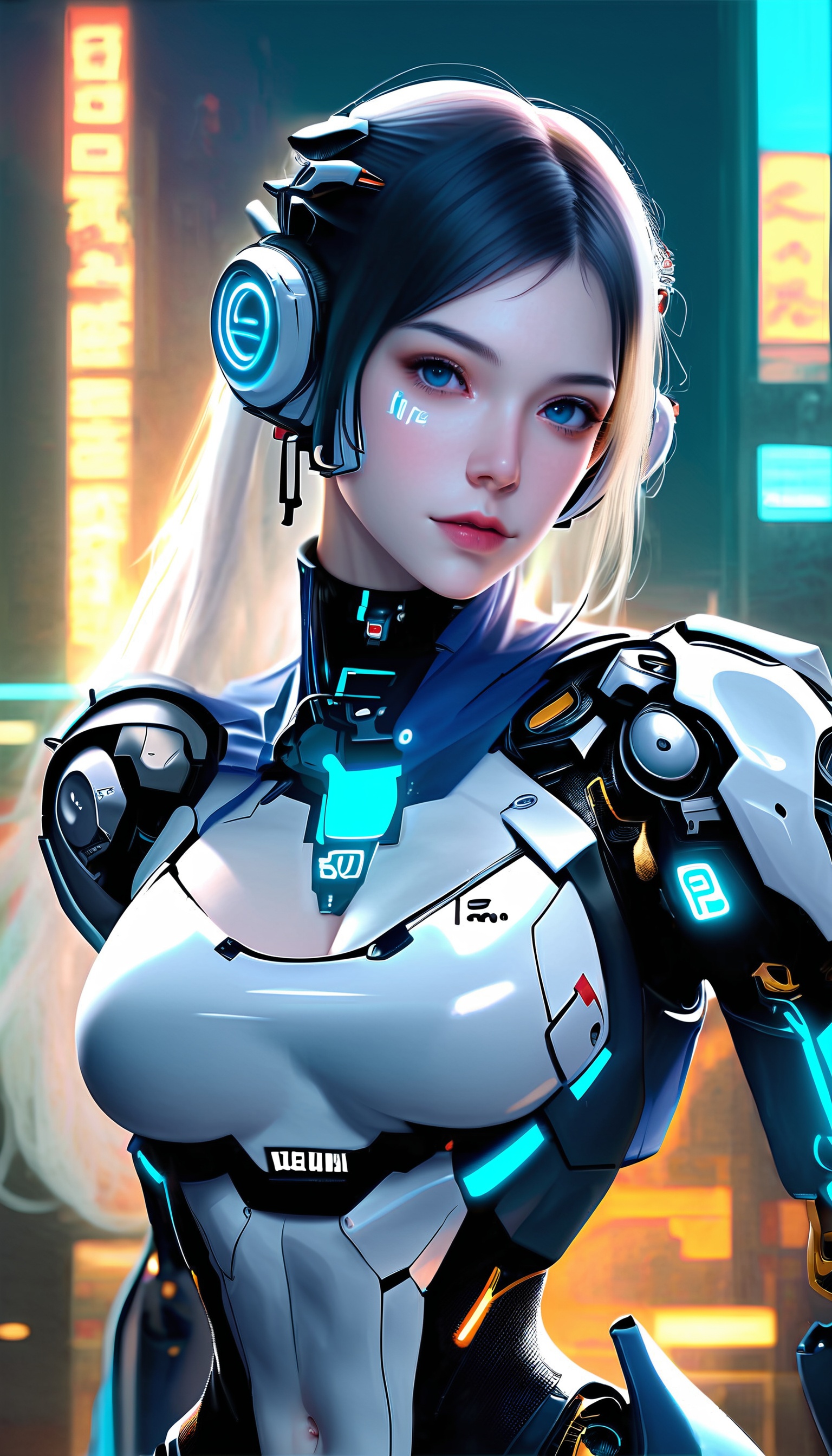 score_9,score_8_up,score_7,MAYE_X,A future-style female character with high-tech mechanical elements. Her long hair is silver-white,her gaze profound,with blue eyes that appear mysterious and calm. She wears headphones over her ears,and her face is adorned with luminous tattoos. Her neck features a complex mechanical structure that blends seamlessly with her skin,showcasing a highly advanced sense of technology.Visually,her shoulders and chest are also covered with delicate mechanical armor,which has luminous parts and some numerical identifiers,such as 20a. Overall,this character gives a strong impression of the fusion of future technology and humanity,seemingly hinting at the existence of a highly intelligent form or the advanced development of artificial intelligence,