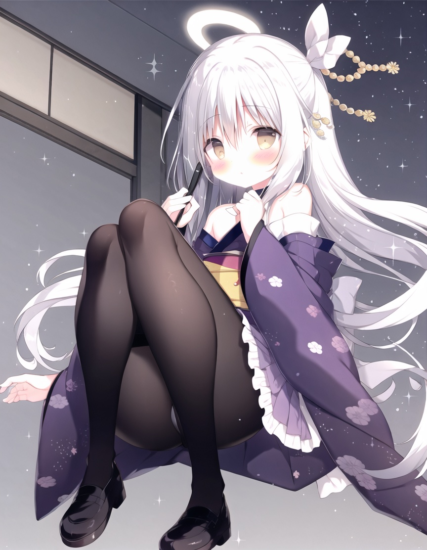 1girl,pantyhose,solo,white pantyhose,long hair,japanese clothes,long sleeves,holding,kimono,wide sleeves,blush,ahoge,bangs,very long hair,one side up,white hair,sash,skirt,pleated skirt,hair between eyes,frills,looking at viewer,obi,off shoulder,bare shoulders,purple eyes,white kimono,standing on one leg,black footwear,closed mouth,standing,grey eyes,holding paintbrush,frilled skirt,hand up,paintbrush,sleeves past wrists,parted lips,hair ribbon,feet out of frame,<lora:可爱画风v2-000010:0.8>,killer,