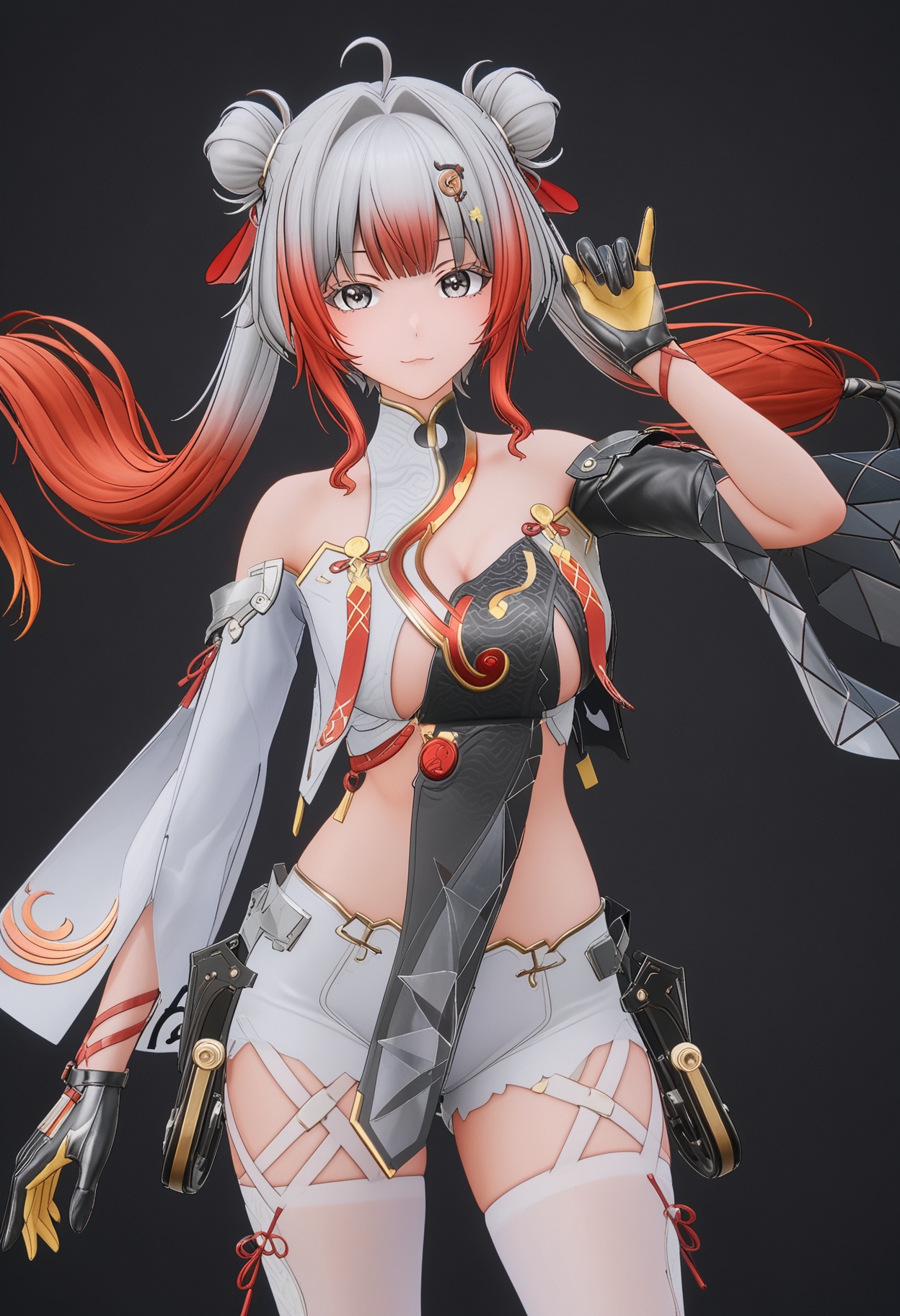 (cowboy shot:1.2),score_9,score_8_up,masterpiece,(best quality),intricate details,facing viewer,(looking at viewer:1.1),<lora:YQ_pony_bubu_V4:0.8>,q1528437228,1girl,solo,red hair,multicolored hair,grey hair,long hair,hair ornament,gradient hair,hair bun,double bun,chinese clothes,twintails,grey eyes,dress,detached sleeves,gloves,hair intakes,thighhighs,white pantyhose,white thighhighs,shorts,high heels,two-tone hair,pelvic curtain,thighs,white shorts,BREAKscore_9,score_8_up,masterpiece,(best quality),perfect anatomy,(hourglass),perfect face,(simple background,pure black background,black background:1.1),fair_skin,shiny_skin,Ivory_skin,