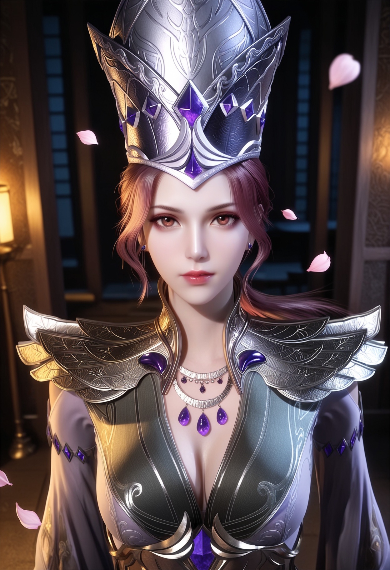 masterpiece,best quality,amazing quality,very aesthetic,high resolution,ultra-detailed,absurdres,scenery,photorealistic,(looking at viewer:1.1),upper body,(Dark room:1.3),(moody lighting:1.1),peach blossom,falling petals,(large breasts:0.8),bibidong,1girl,solo,jewelry,gem,armor,brown hair,hat,lips,necklace,brown eyes,earrings,cleavage,crown,long hair,dress,red eyes,makeup,ponytail,short hair,pantyhose,pink hair,purple hair,shoulder armor,long sleeves,high heels BREAK photorealistic details,<lora:QQSillbibidongV1:0.8>,