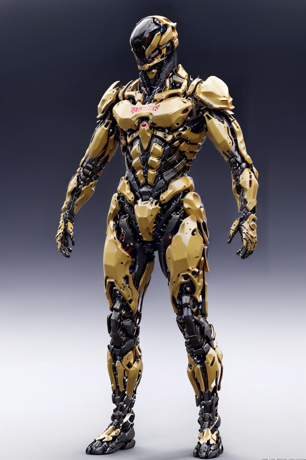 hjyalienrobot,(1girl:1.3),mecha,robot,complex,solo,weapon,Muscular exoskeleton,science fiction,gold trim,masterpiece,best quality,(full body:1.3),<lora:hjyalienrobot-000009:0.7>,skull bone,metal,smooth helmet,<lora:hjyrobo5-000010:0.6>,sci-fi background,yellow and black,