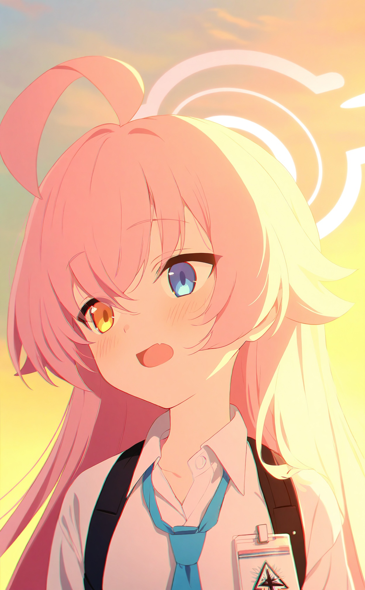 masterpiece,highres,absurdres,newest,best quality,high quality,loli,petite,chromatic_aberration,//,1girl, hoshino_\(blue_archive\), solo, shirt, ahoge, halo, heterochromia, necktie, blue_eyes, white_shirt, collared_shirt, pink_hair, long_hair, yellow_eyes, fang, open_mouth, hair_between_eyes, blue_necktie, pink_halo, upper_body, harness, chest_harness, looking_to_the_side, looking_afar, outdoors, huge_ahoge, blush, shoulder_strap, id_card, skin_fang, hair_flaps, strap, sunset, crossed_bangs//,<lora:ba33——【noob】hans:1>,
