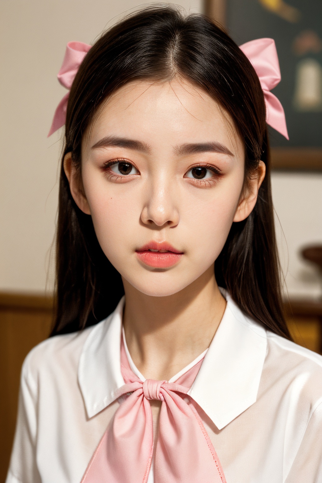 1girl, solo, film grain, realistic, photorealistic, long hair, looking at viewer, black hair, hair ornament, shirt, parted lips, white shirt, neckerchief, black eyes, upper body, lips, indoors, bow, hair bow, pink bow, nose, pink neckerchief, ribbon,