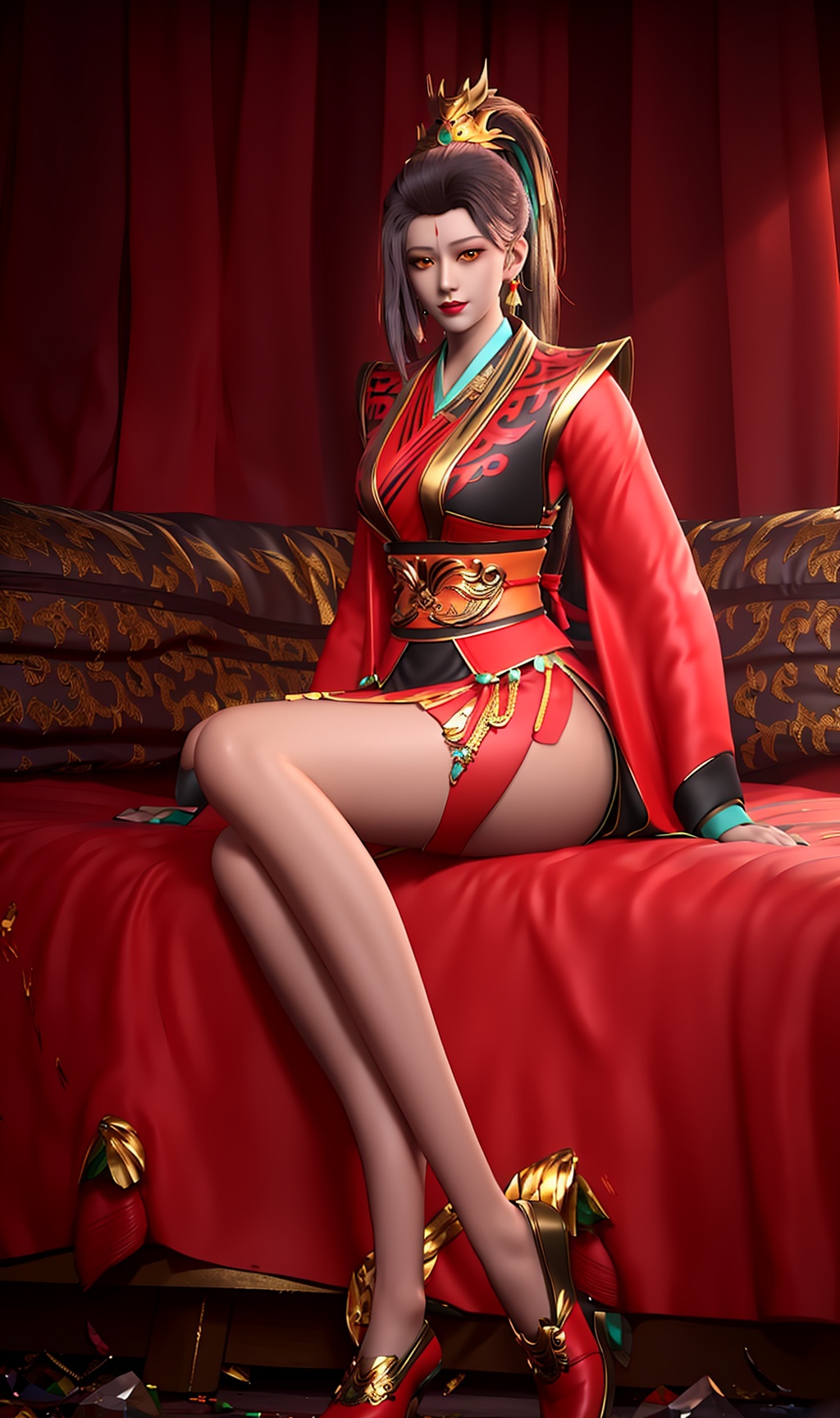 3D,masterpiece,(best quality),(makeup),official art, extremely detailed cg 8k wallpaper,((crystalstexture skin)), (extremely delicate and beautiful),(highly detailed),(face),headpiece,(collar),(ponytail),(tiara),(closed_mouth),(1girl), (solo), (jewelry), (earrings),(brown_hair),(long_hair),(hair_ornament),(handwear),(breasts),((sitting)),((full_body,whole_body)),(dress),(skirt),(multicolored_clothes),(multicolored_dress),(shiny_clothes),(city,indoor,bed),(long_legs),(sash),(shorts),(ribbon),,((looking_at_viewer)),((Facing the camera)),,(red_shoes),(gold_trim),, <lora:hipoly3DModelLora_v10:0.3>