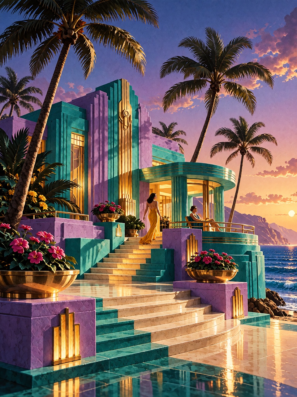 A serene seaside pavilion with stepped Art Deco terraces,  a broad staircase leading toward the water,  and stylized palms...