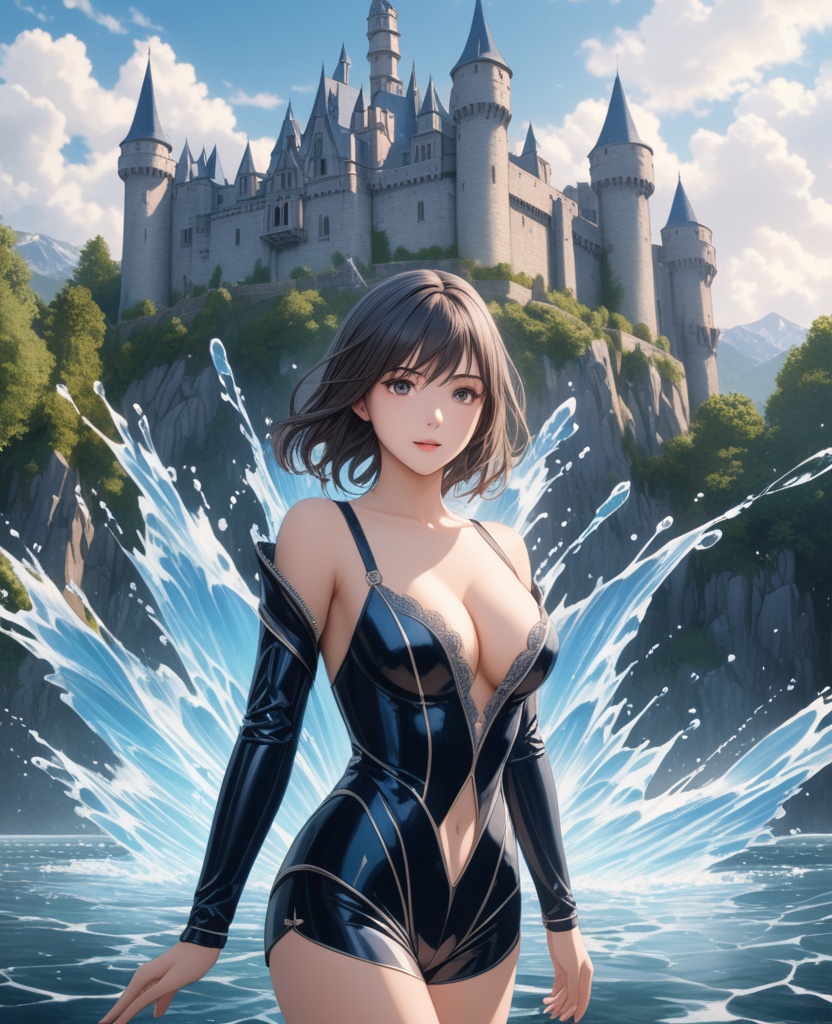 (,1girl, ,best quality, ),looking at viewer,ultra detailed background,ultra detailed background,ultra realistic 8k cg, ,masterpiece, (( , )),     ,castle,     (hydrokinesis),  (cleavage), (),