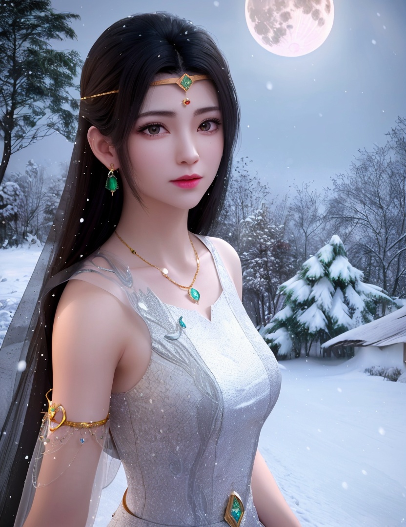 <lora:524-DA-大主宰-苏宣儿:0.8>(,1girl, ,best quality, ),looking at viewer,  ultra realistic 8k cg, picture-perfect face,   clean, masterpiece,     cinematic lighting, cinematic bloom, fantasy,  , unreal, science fiction, ((,1girl, pov,))(((,tree, 1girl, full moon,snowing,snow ,solo,     solo focus,  long_hair, looking_at_viewer,  )))  (rich:1.4,)     prestige, luxury, jewelry, diamond, gold, pearl, gem, sapphire, ruby, emerald, intricate detail, delicate pattern, charming, alluring, seductive, erotic, enchanting, hair ornament, necklace, earrings, bracelet, ,