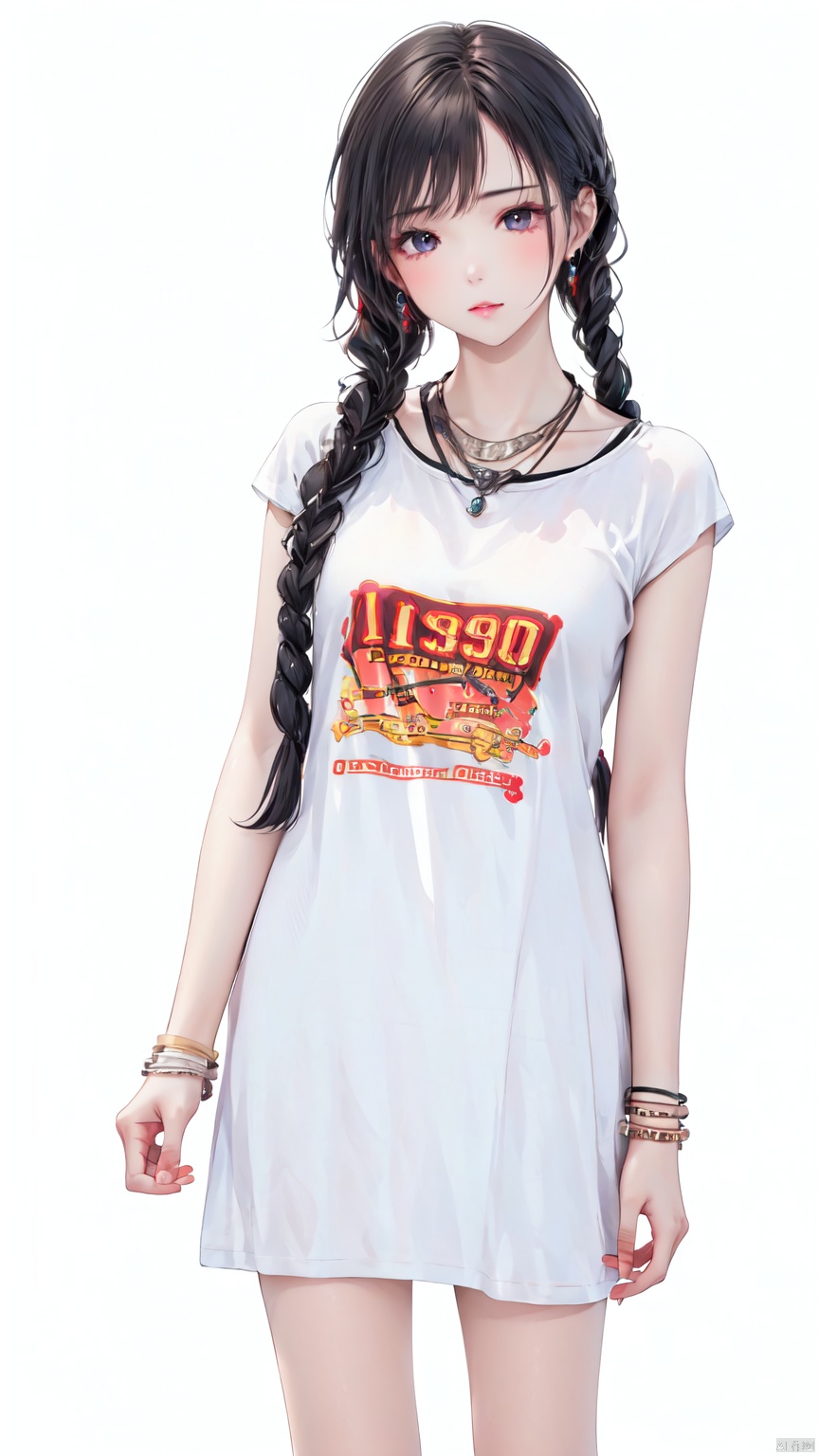 1girl, solo, long hair, black hair, white background, dress, , jewelry, necklace, twin braids, bracelet, clothes writing<lora:EMS-431932-EMS:0.800000>, <lora:EMS-254762-EMS:0.400000>