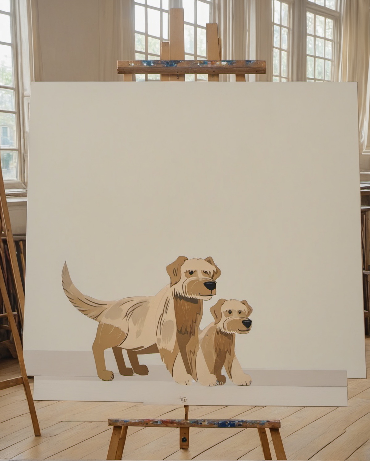 Generate a photorealistic image of a painting on an easel . The painting features in a minimalist,  brushstroke style,  ca...