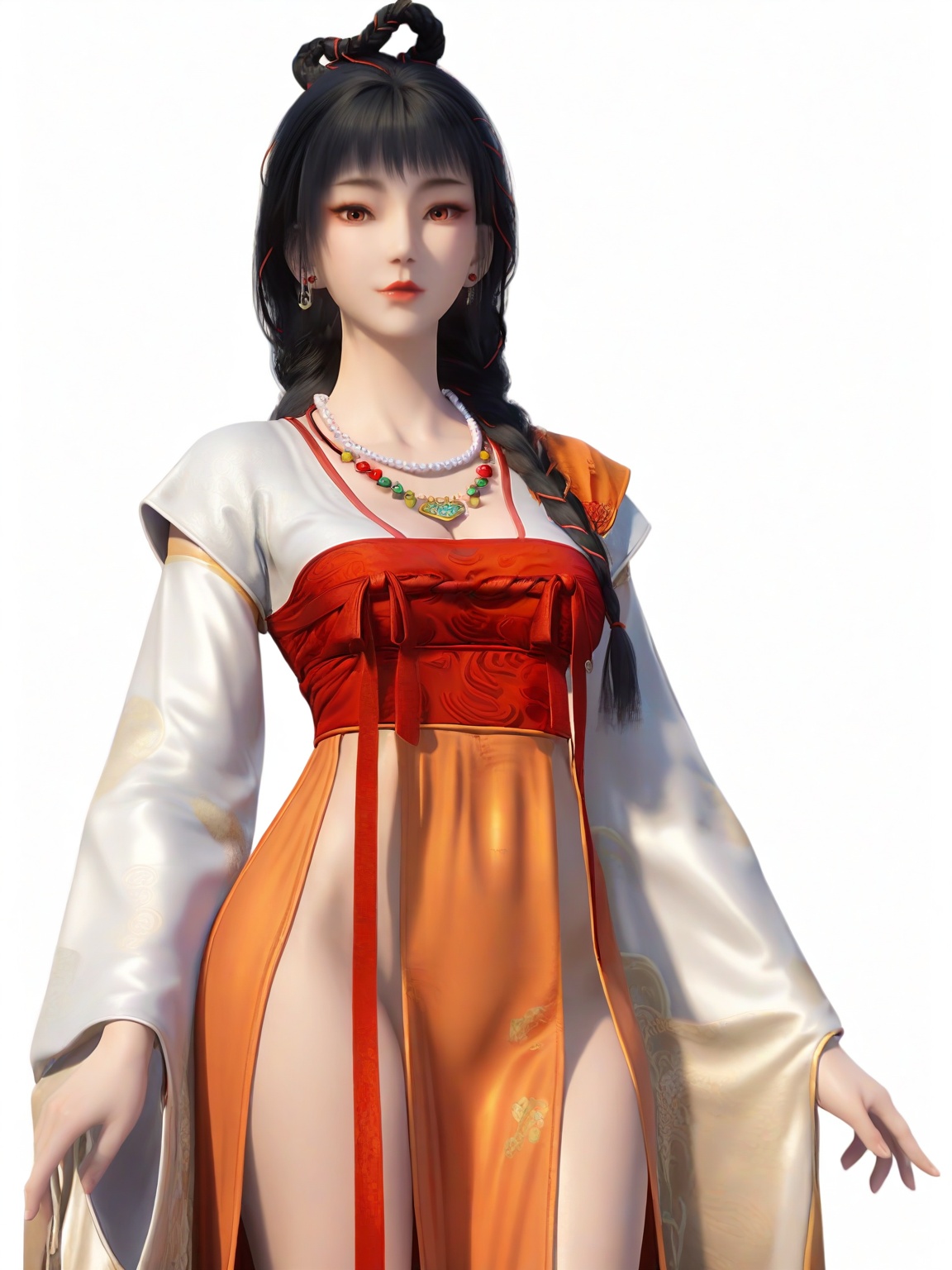 score_9,1girl,solo,long hair,earrings,hair ornament,bangs,eyelashes,large breasts,bead necklace,braid,hair over shoulder,standing,wide sleeves,lipstick,chinese clothes, orange skirt, looking at viewer,white background,simple background,cowboy_shot,<lora:SF_YingGou_Pony_Realism2.3-000004:0.7>,