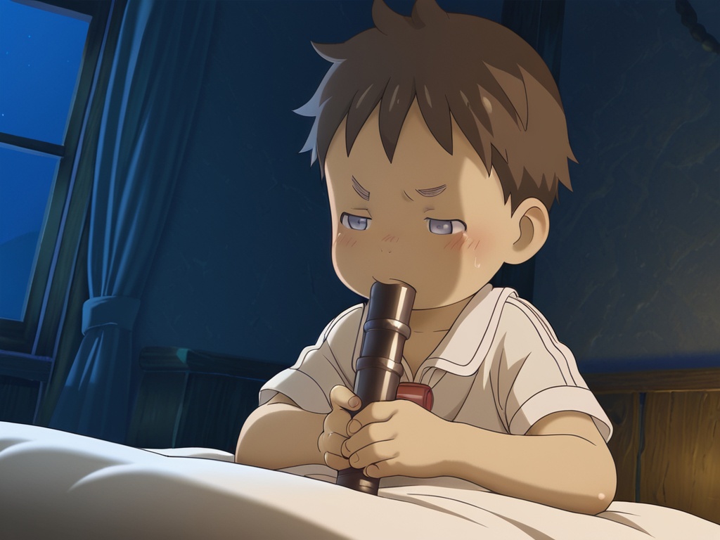 <lora:MIA_Nate+Reg_XL:1>,Made in abyss,best quality,best detail,masterpiece,male focus,bedroom,night,1boy,(toddler:1.4),petite,bright brown hair,very short hair,dark blue eyes,big red flute hanging the neck,white school uniform,correct eyes,socks,Tsundere,arms_crossed,light_blush,perfect hands,(5fingers:1.5),correct anatomy,(realistic:1.2),full_shot,available light,huge filesize,