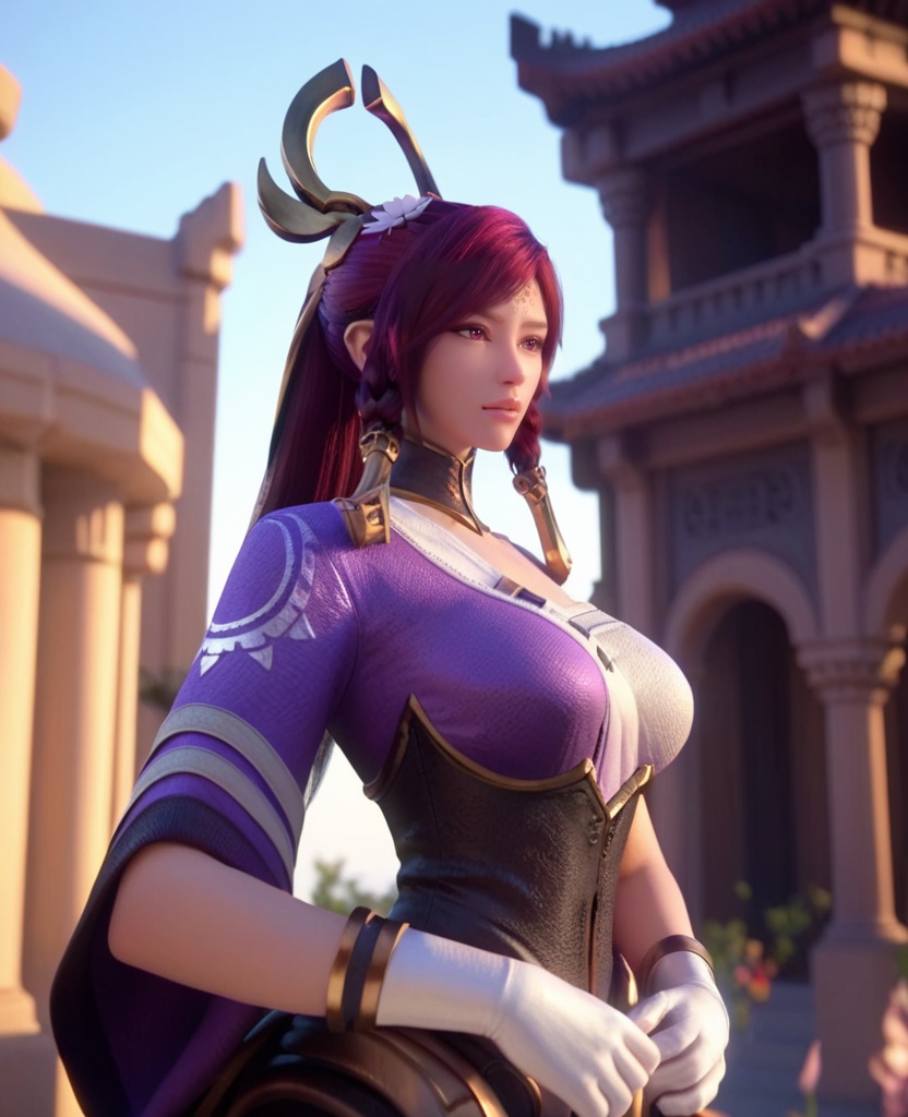 (oriental architecture, elegant decor, sophisticated style:1.1),(Standing with legs crossed, hands on the hips,:1.1),(large breasts:1.2),<lora:XL王者荣耀伽罗:0.95>,miss jialuo,purple right side robe layered on top of white sarashi,red hair,ponytail,twin braids,hair ornament,hair tubes,detached collar,armored dress,forehead mark,bangs,purple eyes,hair flower,white thighhighs,(veil:1.1),, score_9,score_8_up,score_7_up,score_6_up,score_5_up,score_4_up,3d rendering,tag1,tag2, Cinematic Lighting,backlighting,, zPDXL3, zPDXL2,zPDXL, zPDXLxxx, zPDXLrl,