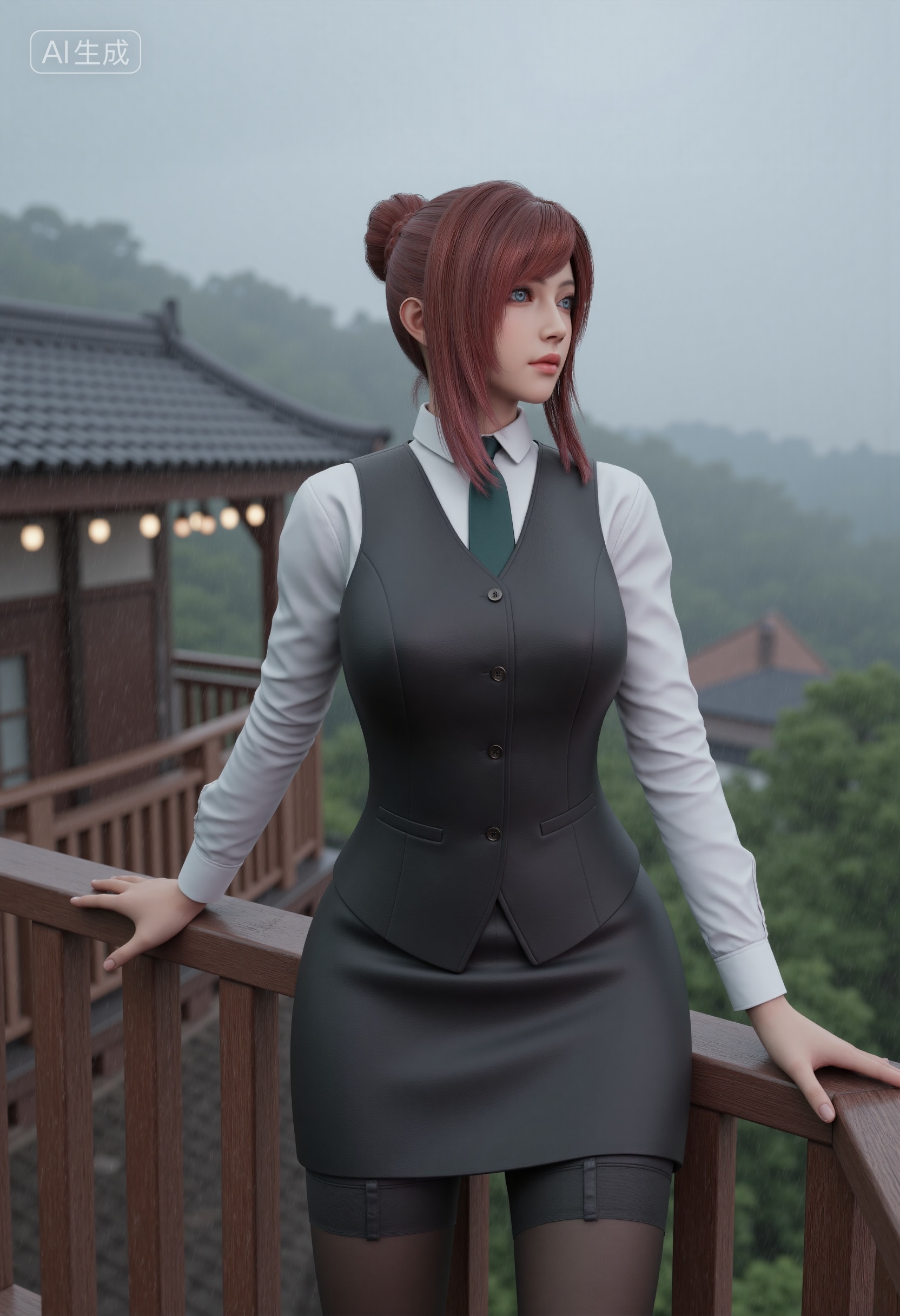 rainy,mimi,ChengSisi,, reddish-brown hair,vibrant teal eyes,wearing a white collared shirt,dark grey vest with decorative buttons,and dark green tie,grey skirt,black lace-top thigh-high stockings,cowboy shot,, leaning gently against a wooden railing,one hand resting on the rail,gazing thoughtfully into the misty distance,rainy mountain scenery behind her,soft drizzle falling,tea lights glowing on the porch,ethereal trees and vernacular tiled-roof houses shrouded in fog,soggy atmosphere,travel mood,rural China,32K UHD,highly detailed,cinematic mist,soft ambient lighting,masterpiece,, Negative prompt: ng_deepnegative_v1_75t,(badhandv4:1.2),EasyNegative,(worst quality:2),,nsfw, Steps: 30, Sampler: Euler, CFG scale: 3.5, Seed: 178830565, Size: 832x1216, Model hash: 0734f0ab2a, Model: F.1 模型下载版-黑暗森林工作室_fp16.sft, Denoising strength: 0.4, RNG: CPU, Lora 1: 20251109-1762710084752-0010, Lora Hash 1: 0fa023f507, Lora Weight 1: 0.75, Lora 2: 金宝-F.1-妆容.美颜.磨皮。三合一, Lora Hash 2: 9fa9e2a424, Lora Weight 2: 0.3, Lora 3: 雨雾缭绕的山景, Lora Hash 3: 19c6565001, Lora Weight 3: 0.8, Lora 4: 去油光真实皮肤人像, Lora Hash 4: cac268c67e, Lora Weight 4: 0.2, vae_name: automatic, Hires resize: 1664x2432, Hires steps: 30, Hires upscaler: 4x-UltraSharp