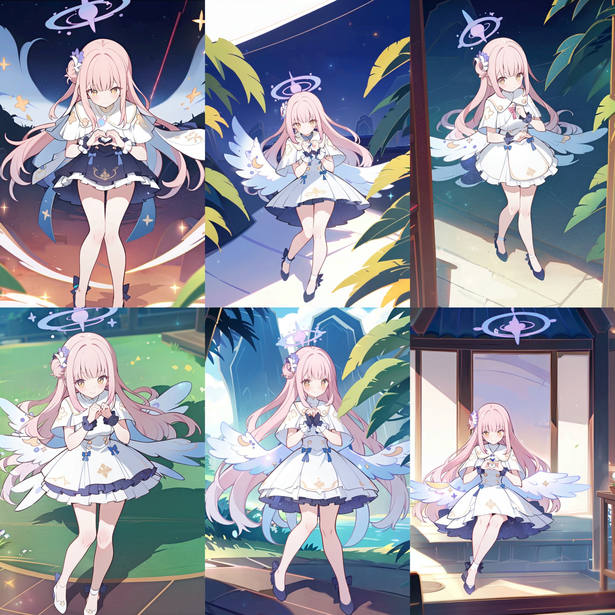 masterpiece,best quality,extremely detailed CG unity 8k wallpaper,best quality,extremely detailed,detailed,art of light novel cover,highres,anime screencap,light novel illustration,cel shading,[(white background:1.5)::24],(margin:1.32),[:(outdoors, nature,sea,blue water,blue sky with clouds:1.25):16],(bottle bottom:0.85),flowers,grass,crystal trees,garden,(1girl:1.2),(full body:1.3),long hair,beautiful detailed eyes,pink hair,(blue streaked hair:1.1),seductive smile,looking at viewer,ribbon,blush,blunt bangs,white dress,capelet,pink hair,yellow eyes,halo,heart hands,<lora:liyueFP8-000002:0.8>,solo,long hair,(mika \(blue archive\):1.2),