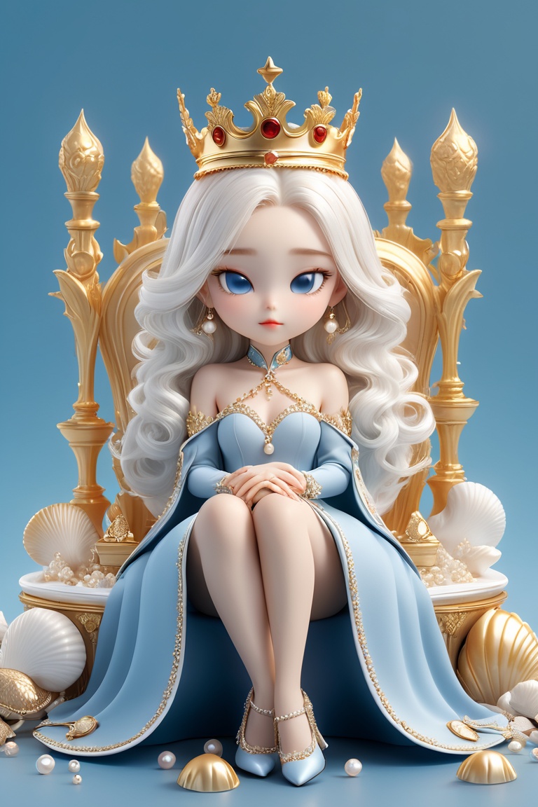 professional 3d model Blindbox, 1girl, white eyes, vampires, one eye closed, white hair, Wearing a golden crown on his head, Sitting on jelly, Pearl and shell embellishments on the ground, Blue gemstone, blue background , sitting, best quality, very aesthetic, 8k, without text,  . octane render, highly detailed, volumetric, dramatic lighting