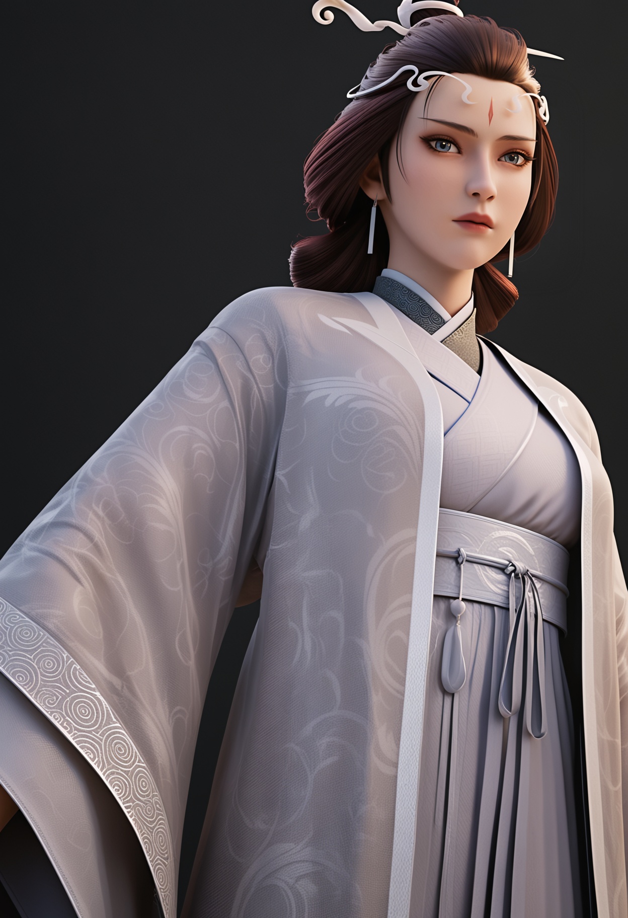 (cowboy shot:1.2),score_9,score_8_up,masterpiece,(best quality),intricate details,facing viewer,(looking at viewer:1.1),<lora:YQ_pony_shuiyue_V4:0.8>,q1528437228,solo,1girl,black hair,jewelry,earrings,chinese clothes,facial mark,hair ornament,forehead mark,hanfu,long sleeves,makeup,wide sleeves,hair bun,hair stick,long hair,red lips,updo,japanese clothes,black eyes,blue eyes,robe,brown eyes,brown hair,kimono,sash,grey eyes,korean clothes,single hair bun,BREAKscore_9,score_8_up,masterpiece,(best quality),perfect anatomy,(hourglass),perfect face,(simple background,pure black background,black background:1.1),fair_skin,shiny_skin,Ivory_skin,