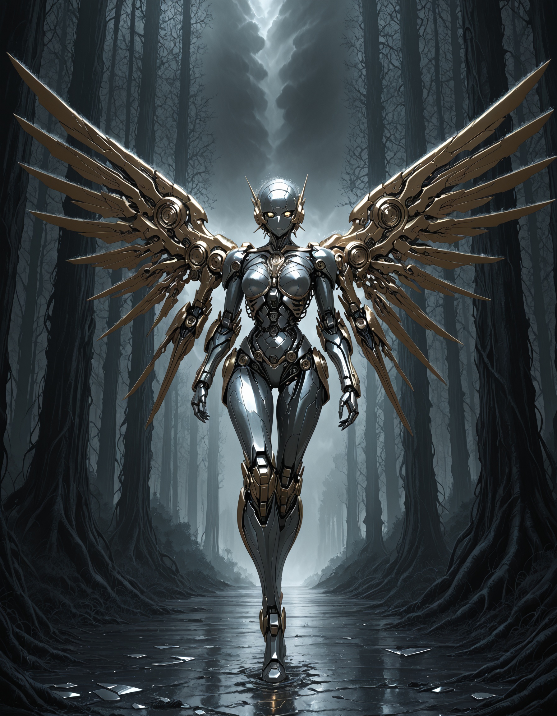 highly detailed picture of Beautiful anime mecha girl with ornate robotic body,  mechanical wings made of metal shards,  w...