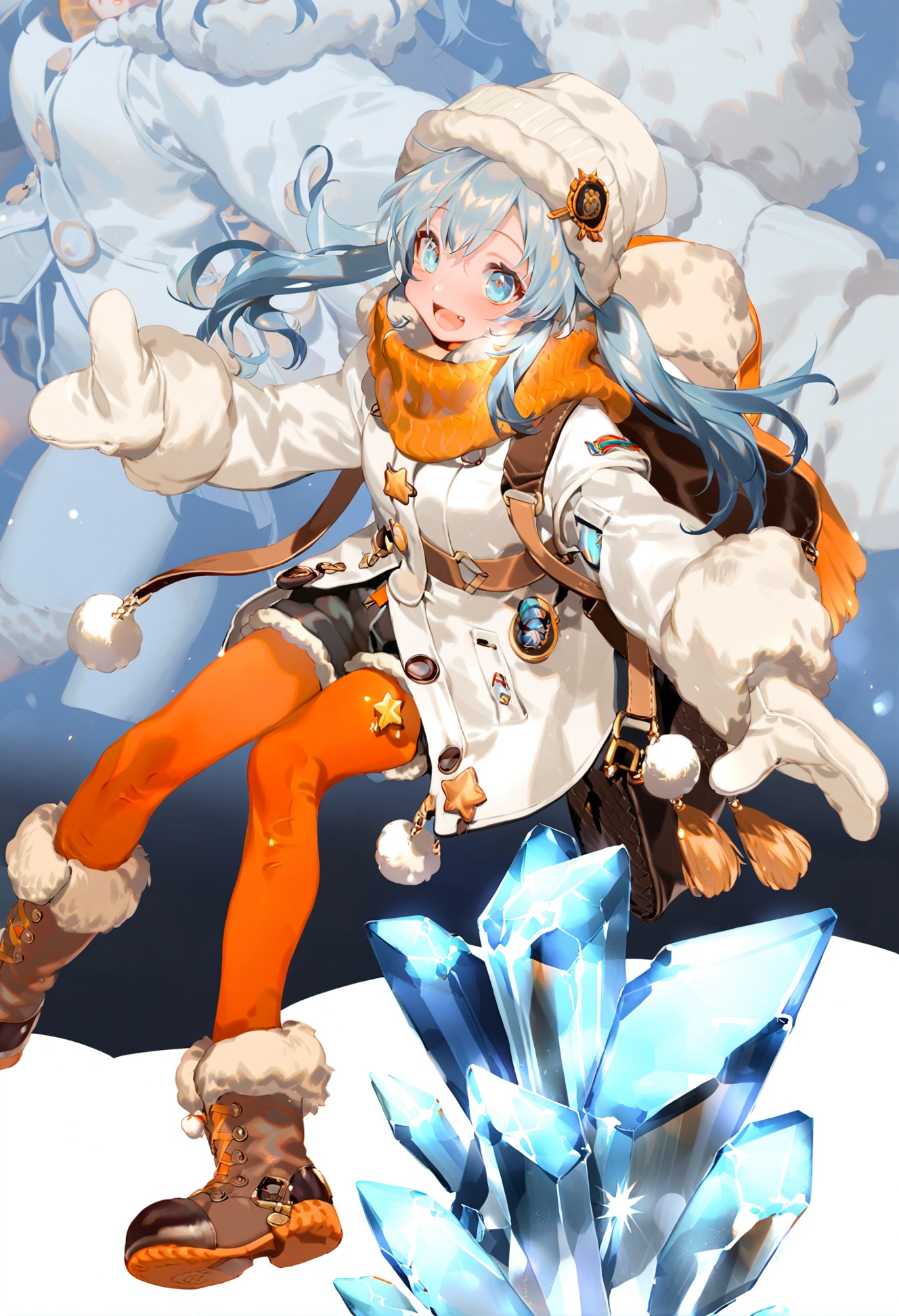 masterpiece, best quality, long hair, 1girl, open mouth, very long hair, thighhighs, hat, blue eyes, fur trim, smile, ice, orange thighhighs, shorts, boots, solo, bangs, long sleeves, mittens, scarf, :d, bag, white hair, white headwear, crystal, twintails, black footwear, star \(symbol\), coat, sparkle, winter clothes, looking at viewer, black shorts, white coat, fur-trimmed sleeves, blush, zoom layer, white jacket  <lora:REIKOXLlokr8f:1>