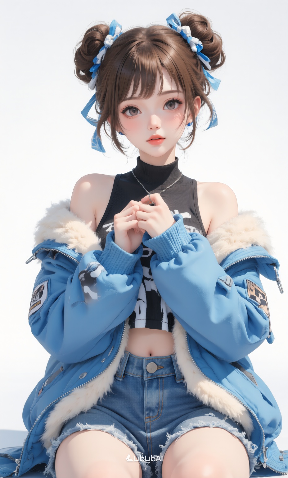 治愈系动画,风格/艺术形式：日式清新写真风格,MC,game cg,Colorshow,棕色双丸子头女性(蓝白发饰),带毛绒质感蓝色外套+ 牛仔短裤,坐姿,白简洁背景,竖幅居中构图,蓝黑为主色调(米白毛绒点缀),现代写实时尚氛围,高清细腻质感,, Negative prompt: ng_deepnegative_v1_75t,(badhandv4:1.2),EasyNegative,(worst quality:2),多手指,多手臂,多脚,,nsfw, Steps: 28, Sampler: Euler, CFG scale: 3.5, Seed: 1052070414, Size: 928x1536, Model hash: 98763a1277, Model: Qwen-Image_1.0.safetensors, Denoising strength: 0, RNG: CPU, Lora 1: Qwen | 礼服优雅, Lora Hash 1: 1d9118e52e, Lora Weight 1: 0.68, Lora 2: 治愈系动画, Lora Hash 2: f84af1927a, Lora Weight 2: 0.9, vae_name: automatic
