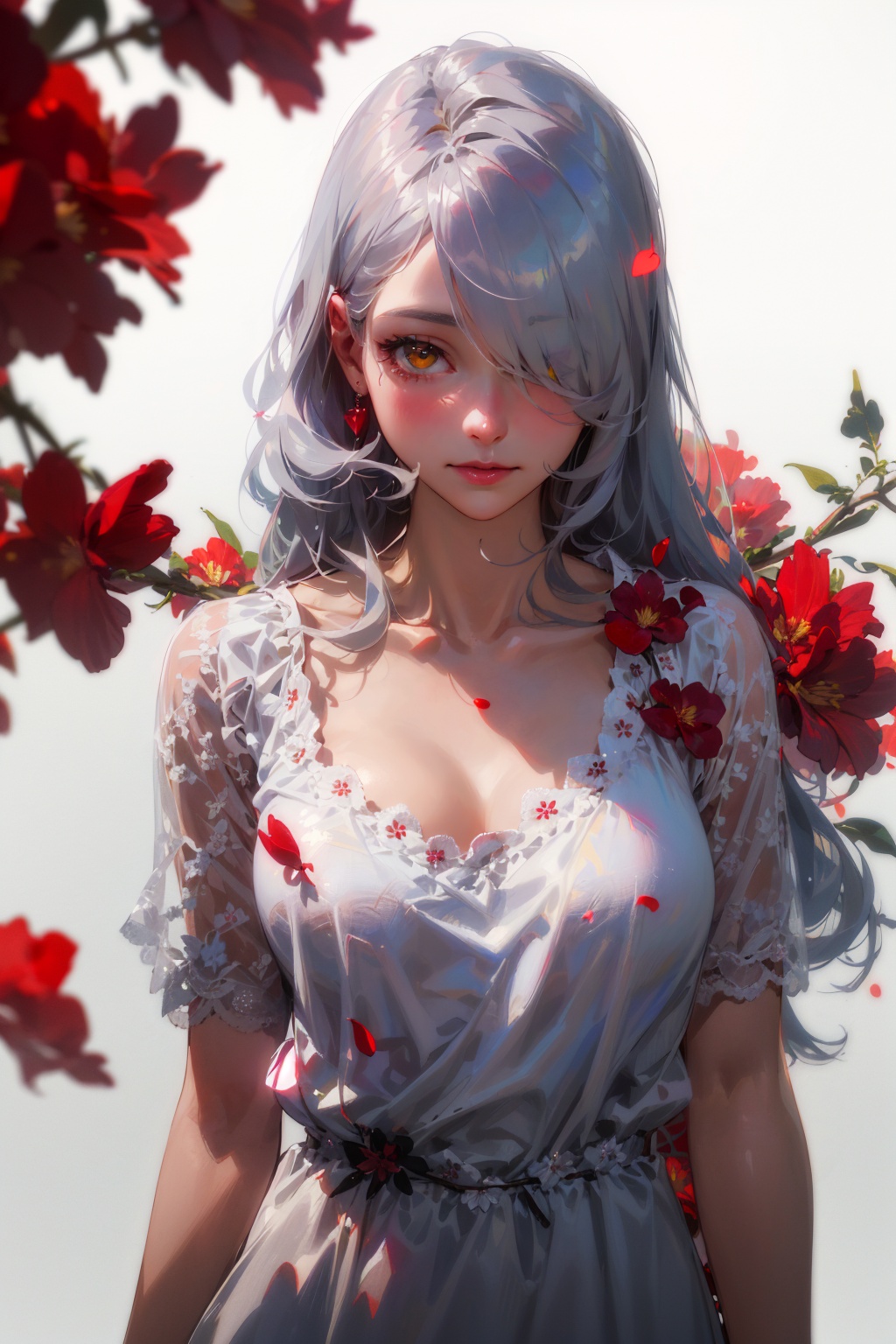 masterpiece,best quality,(realistic:1.2),1girl,solo,looking at viewer,silver hair,yellow eyes,beautiful and detailed face,evil smile,upper body,collarbone,collarbone,large breasts,white long translucent night gown,expressionless,hair cover one eye,long hair,red hair flower,standing,blood,(plenty of red petals:1.35),white background),simple background,