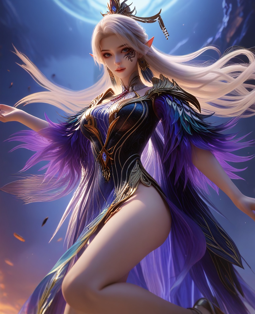 (Bungy Jumping, falling:1.1),looking at viewer,(large breasts:1.2),<lora:XL16云深不知梦燕倾霏穹冥本体:0.95>,miss yanqingfei,atropurpureus gown,heterochromia eyes with blue and red,facial mark,white hair,very long hair,hair ornament,hair bun,earrings,jewelry,pointy ears,, score_9,score_8_up,score_7_up,score_6_up,score_5_up,score_4_up,3d rendering,tag1,tag2, Cinematic Lighting,backlighting,