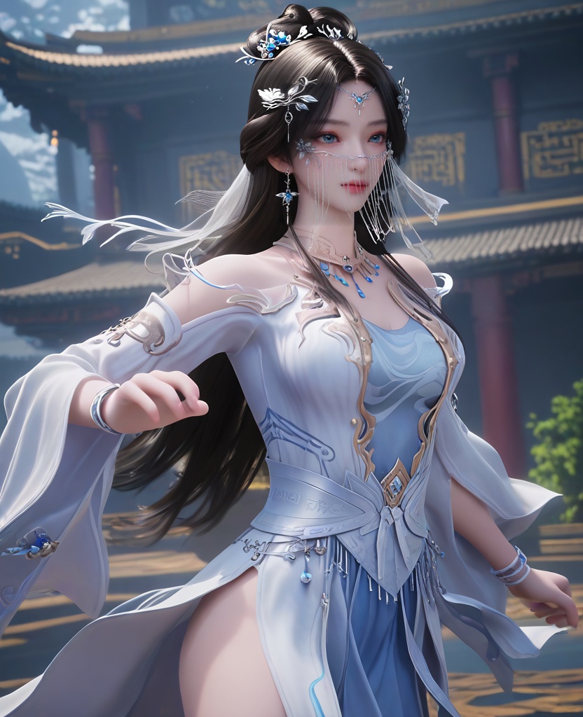 (oriental architecture, elegant decor, sophisticated style:1.1),(martial arts flying roundhouse kick:1.1),(breasts:1.2),<lora:XL16遮天安妙依:0.95>,miss anmiaoyi,white sheer fabric dress,light blue camisole,blue eyes,chain drop veil,forehead pendan,black hair,traditional chinese updo with long front strands,very long hair,hair ornament,jewelry,sash,light blue petticoat,, score_9,score_8_up,score_7_up,score_6_up,score_5_up,score_4_up,3d rendering,tag1,tag2, Cinematic Lighting,backlighting,