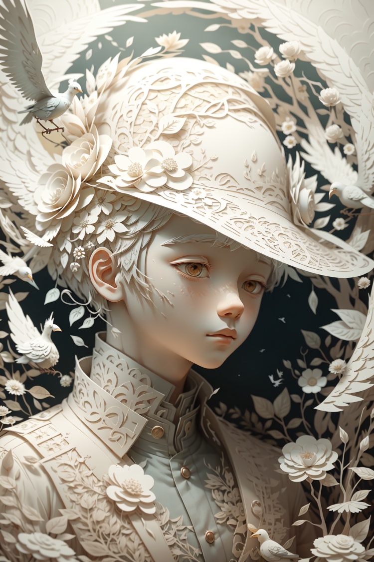 A boy,Paper carving art,bird,solo,fantasy - inspired art,digital art wonders,flower,hat,short hair,white hair,white flower,<lora:Paper carving art纸雕艺术:1.2>,Clean background,