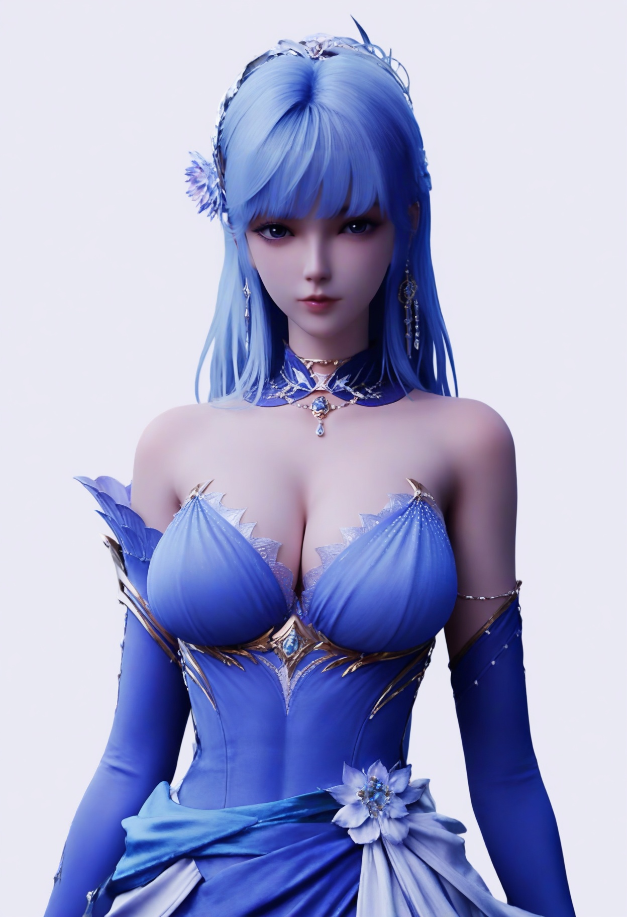 score_9,<lora:SF_ShengCarErThirdClothes_Pony_Realism2.3-000003:0.7>,1girl,solo,clothes,bare shoulders,blue hair,breasts,detached sleeves,bangs,large breasts,blue dress,standing,long hair,fair_skin,white_skin,Ivory_skin,looking at viewer,white background,simple background,cowboy_shot,