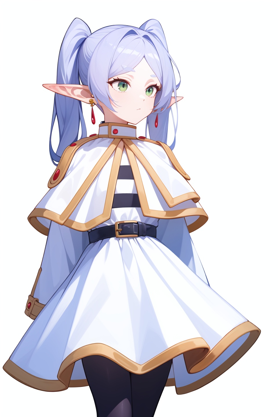 <lora:芙莉莲:1:lbw=char>,fulilian,1girl,twintails,earrings,long sleeves,white capelet,best quality,white dress,black pantyhose,high quality,belt,blue flower,, (masterpiece,best quality,high quality:1.4),absurdres,