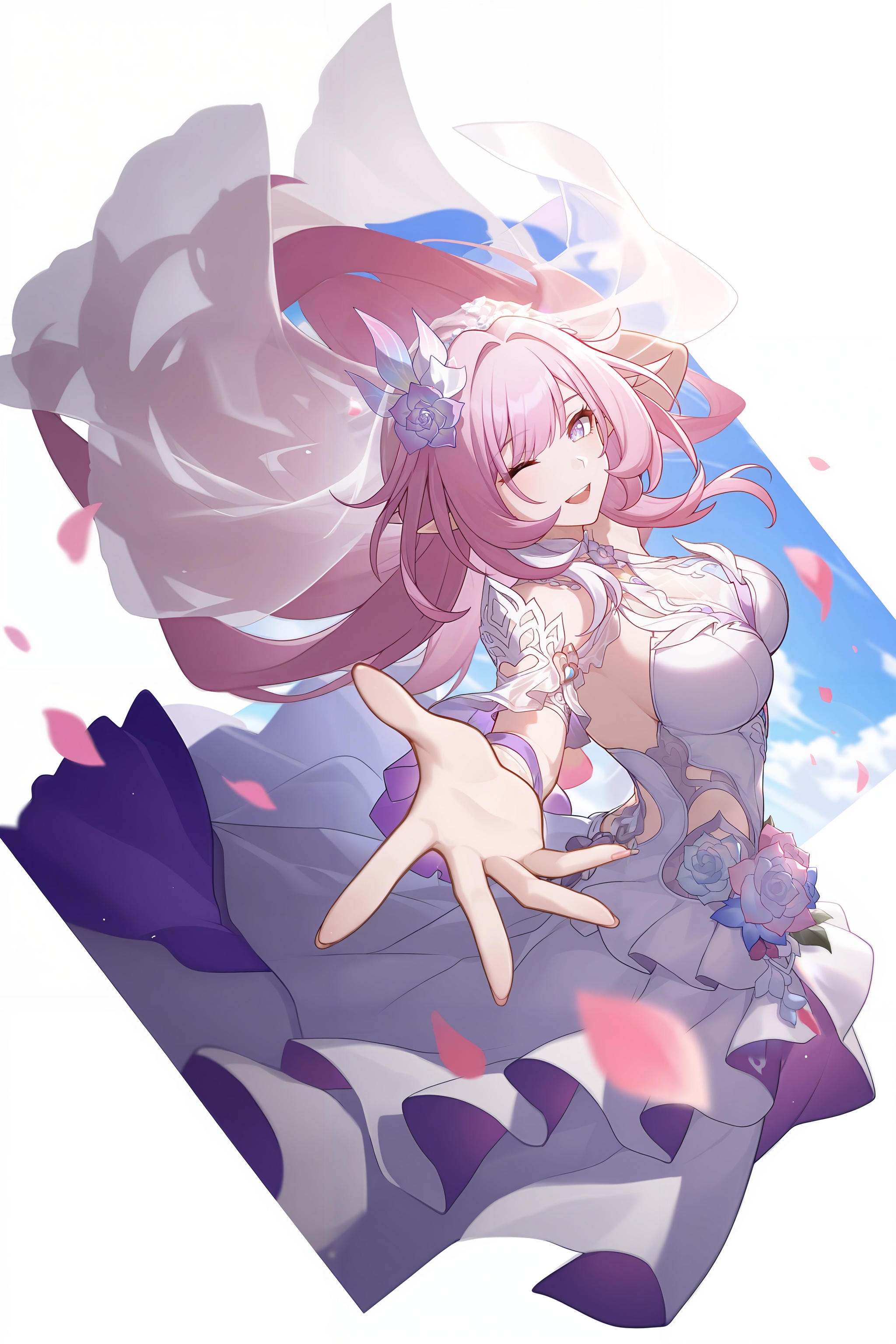 <lora:大昔涟:0.8>,xilian,1girl,long hair,pink hair,hair ornament,pointy ears,pink eyes,very long hair,elf,purple eyes,elysia \(honkai impact\),xilian,1girl,pink hair,solo,long hair,veil,breasts,smile,one eye closed,white dress,open mouth,dress,looking at viewer,petals,teeth,purple eyes,pointy ears,sky,blue sky,upper body,bridal veil,wedding dress,large breasts,pink eyes,depth of field,masterpiece,best quality,very aesthetic,alternate costume,alternate costume,2024,2023,perfect composition,ultra-detailed,extreme aesthetic,masterpiece,best quality,good quality,newest,year 2024,year 2023,very aesthetic,absurdres,looking_at_viewer,colorful,<lora:立绘构图ILL:0.3>,lihui,wind,pink wind,(dynamic_angle:1.1),(dutch angle:1.1),close-up,